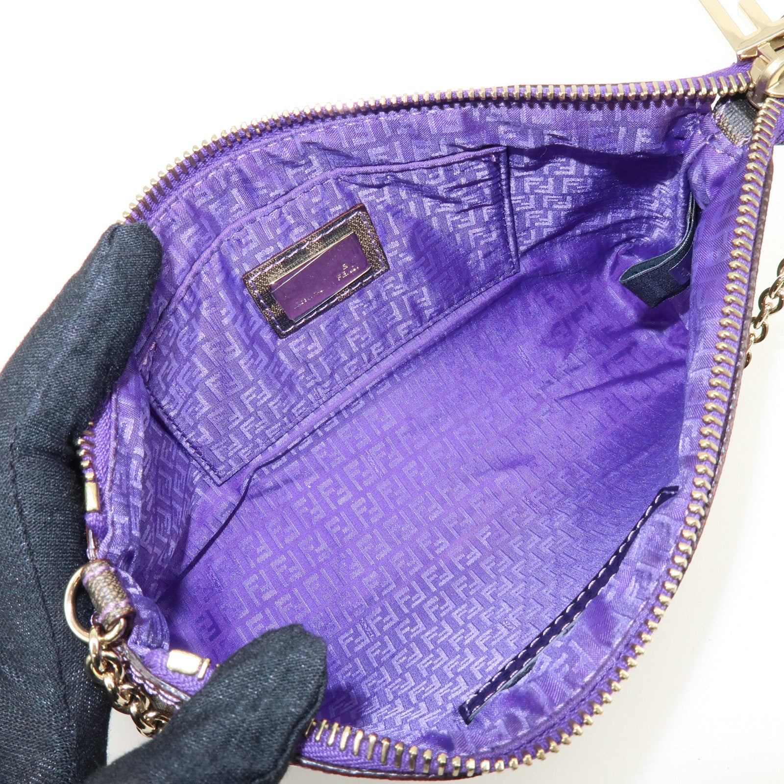 FENDI Zucca Print PVC Chain Accessory Pouch Brown Purple 8BR592