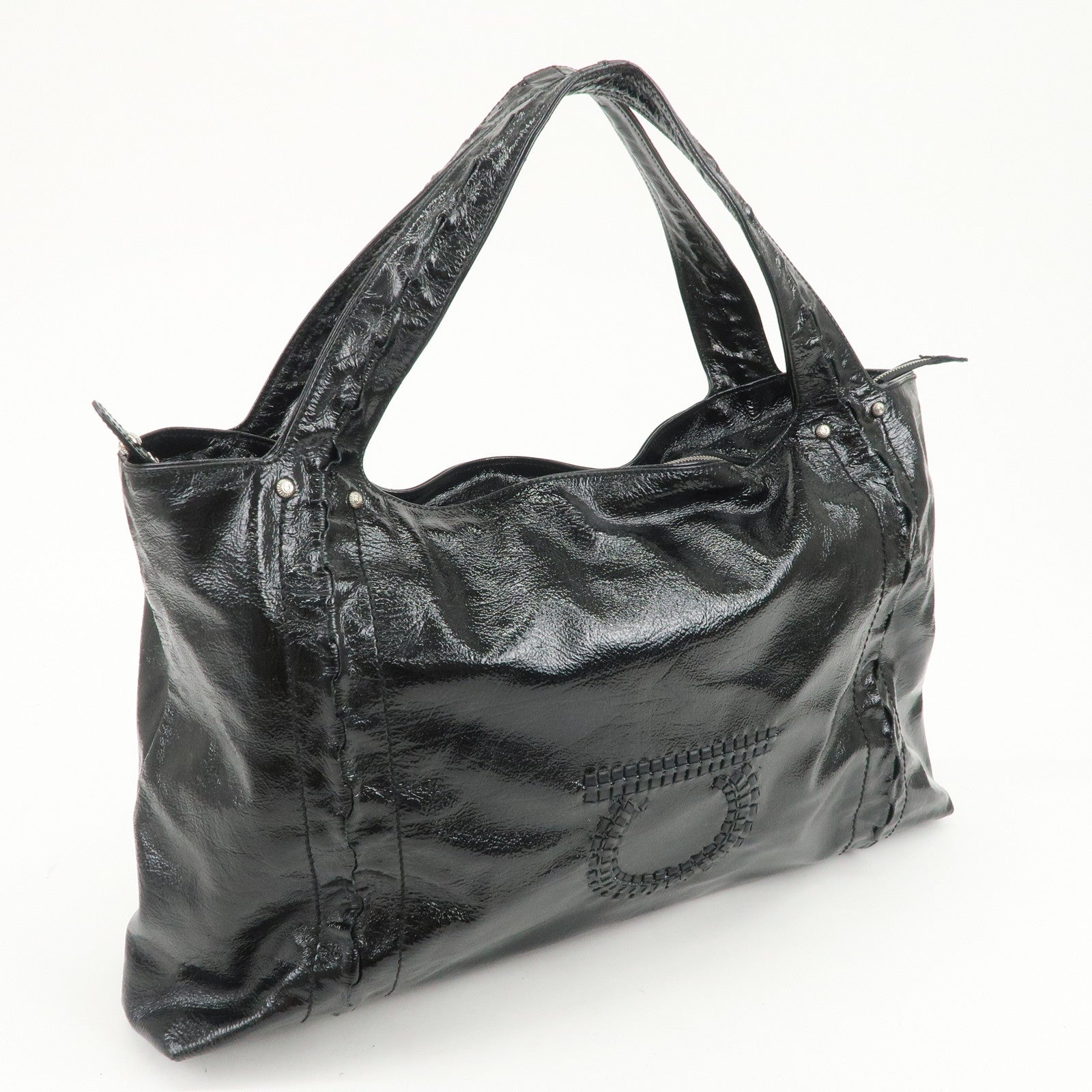 Ferragamo Gancini Logo Patent Leather Tote Bag Shoulder Bag Black
