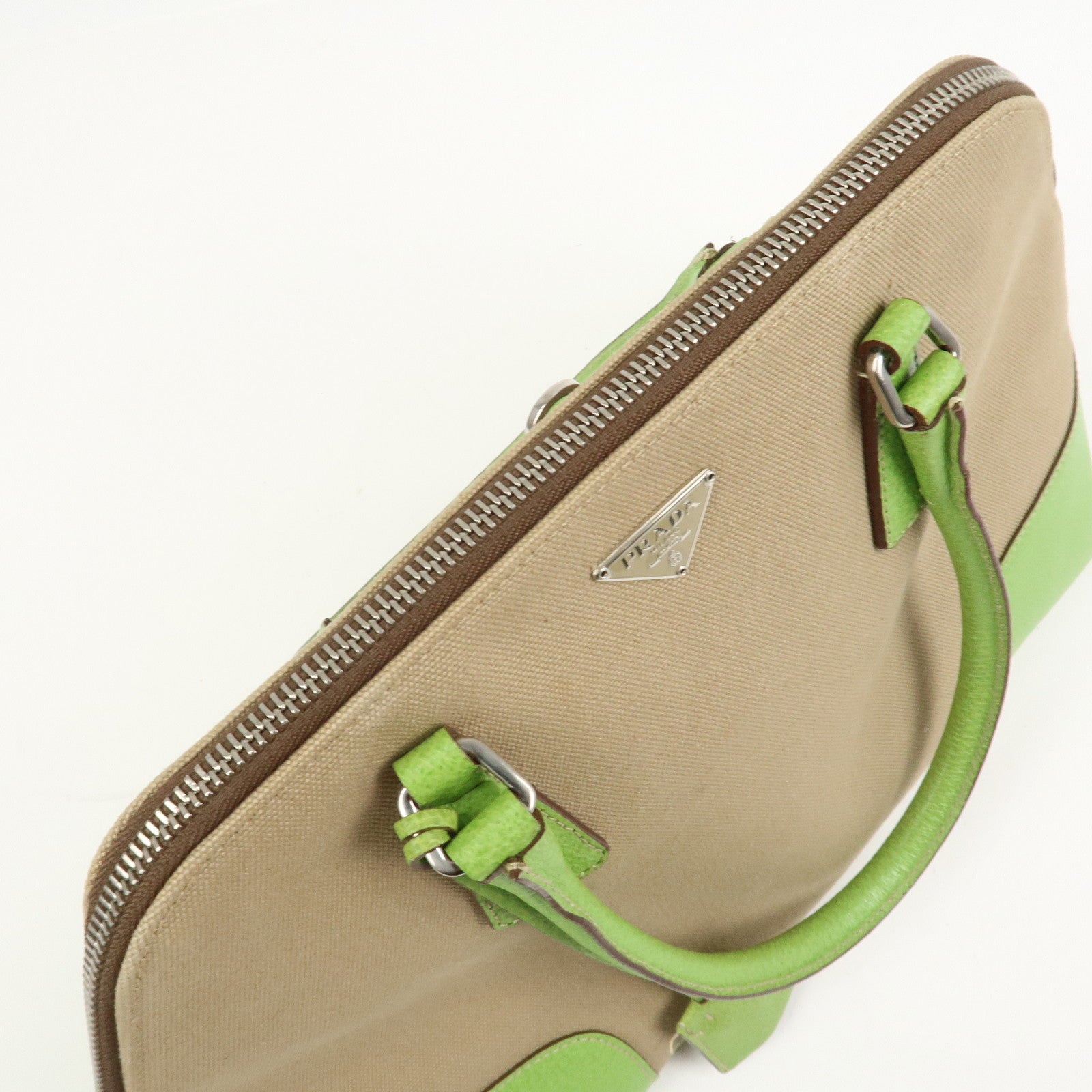 PRADA Canvas Leather Tote Bag Hand Bag Beige Light Green BN0082