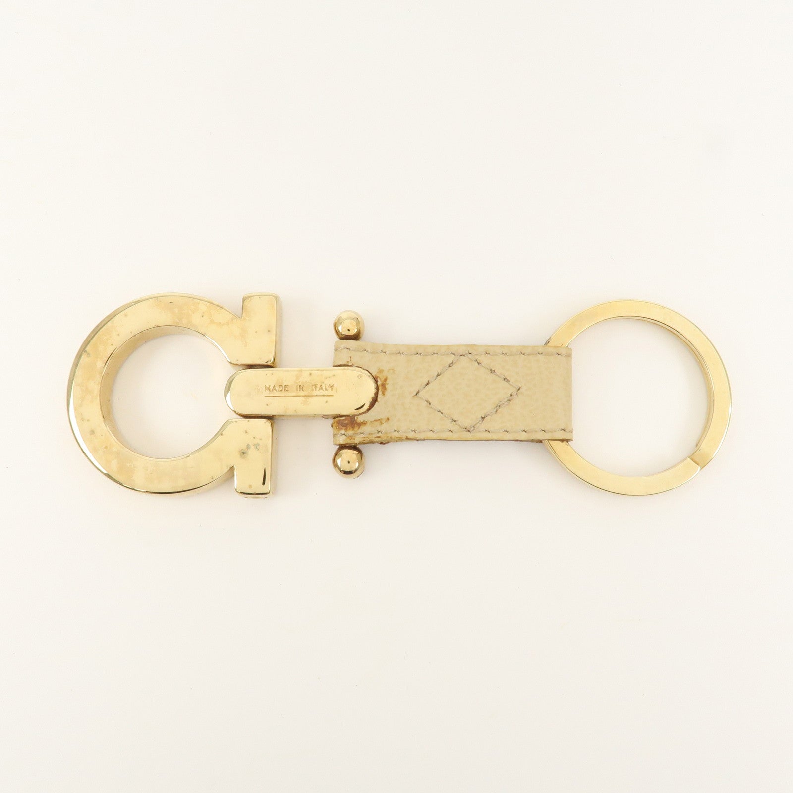 FERRAGAMO Logo Leather Metal Bag Charm Key Charm Beige Gold