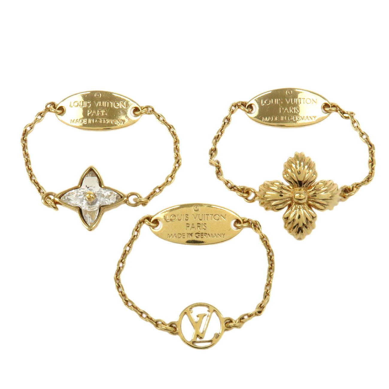 Louis Vuitton Set of 3 Bague Blooming Strass Ring L Gold M68379