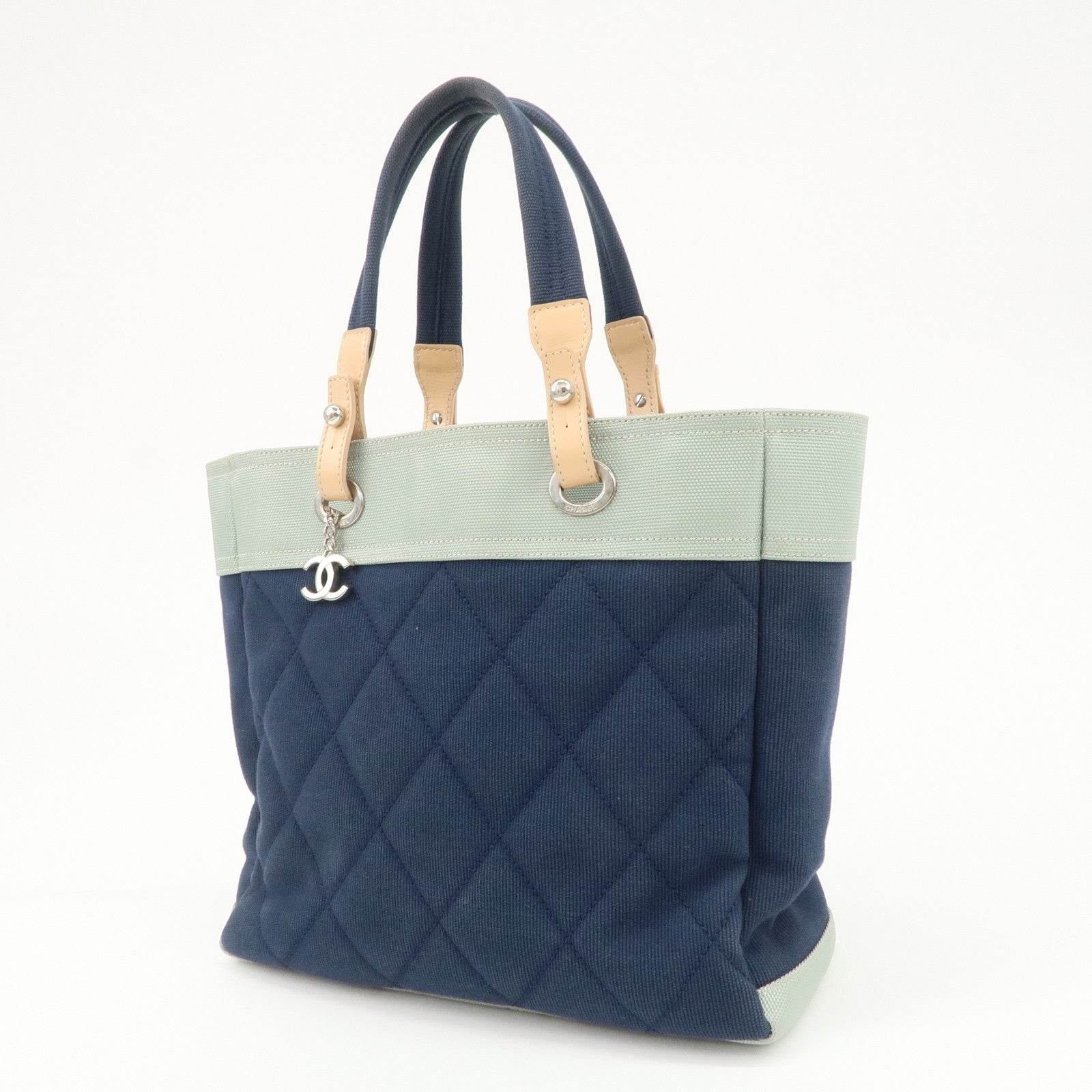 CHANEL Paris Biarritz Canvas Leather Tote Bag MM Navy A43209 Used