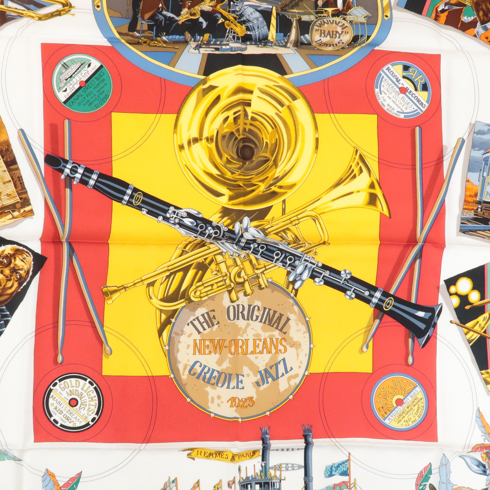 HERMES Carre90 Silk100% Scarf THE ORIGINAL NEW ORLEANS CREOLE JAZZ Used