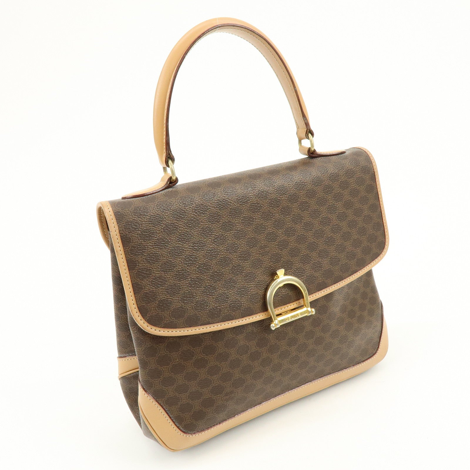 CELINE Macadam PVC Leather Hand Bag Brown Beige