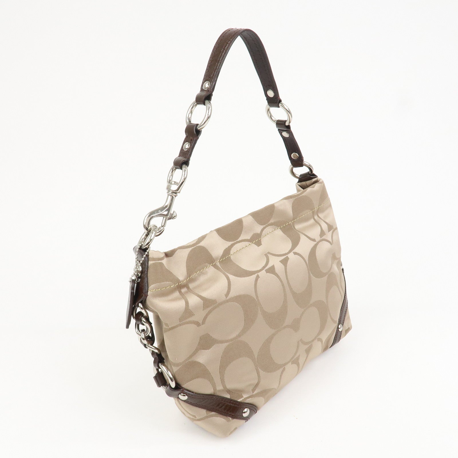 COACH Leather Satin Shoulder Bag Beige Brown F15250