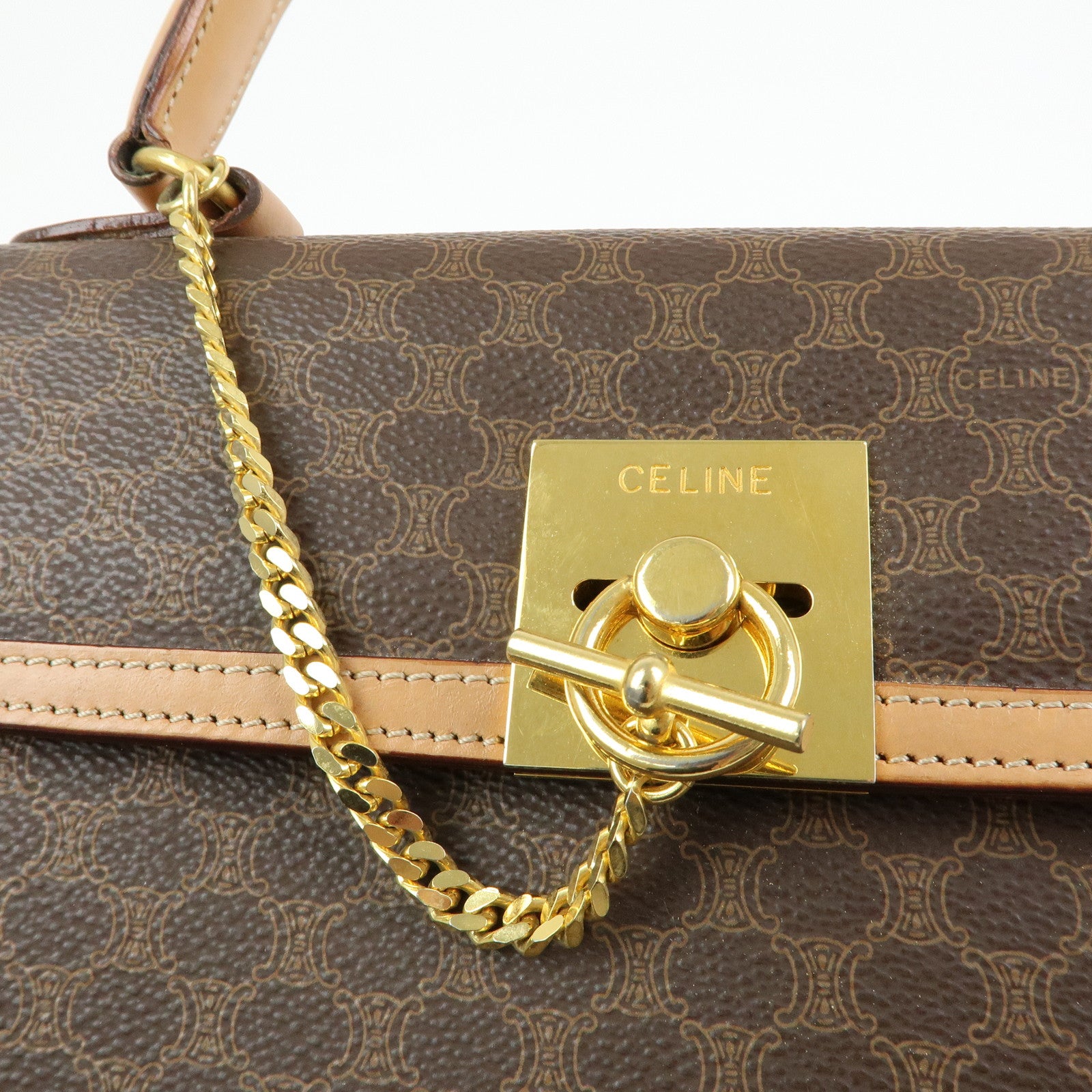 CELINE Macadam PVC Leather Hand Bag Top Handle Flap Bag Brown