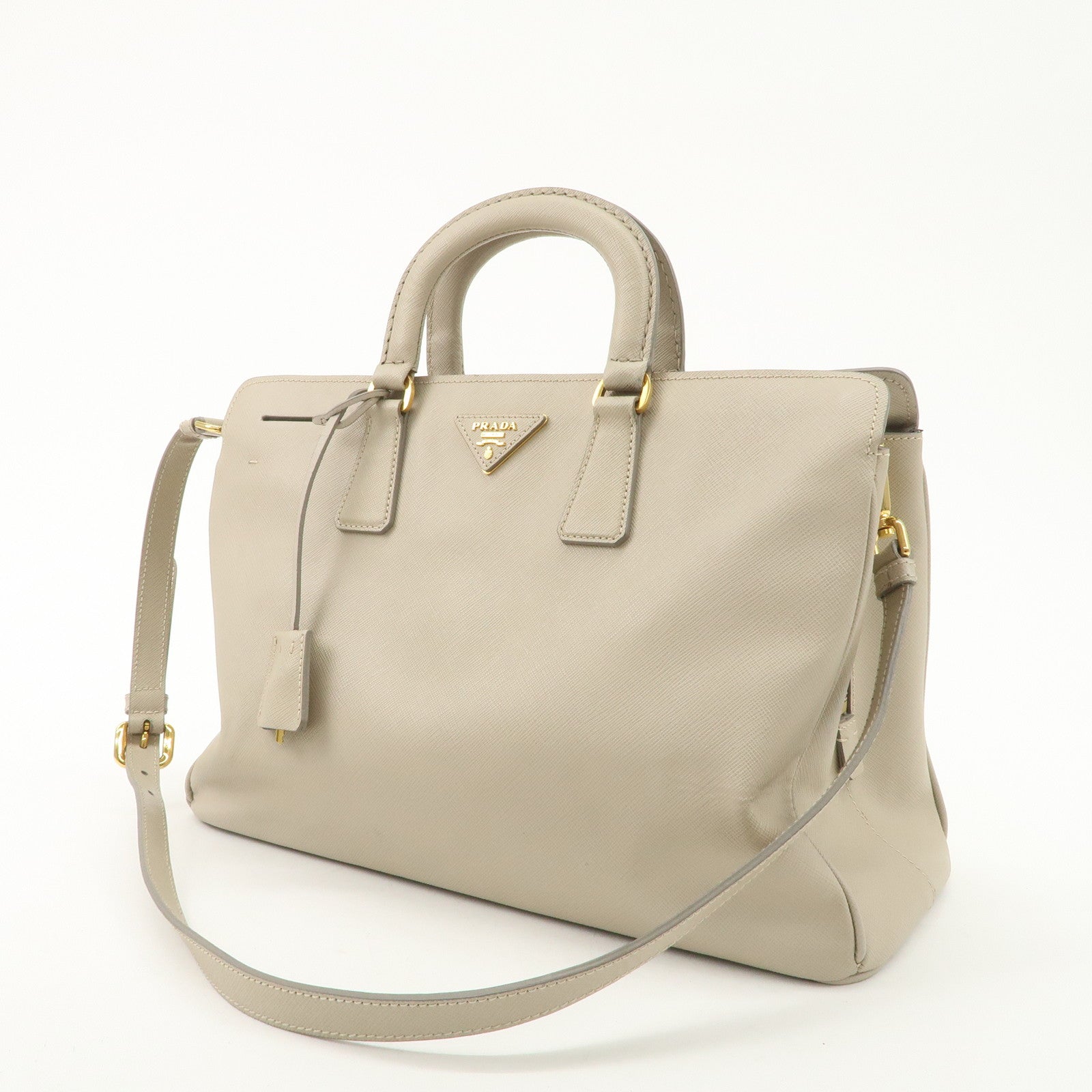 PRADA Triangle Logo Leather 2Way Bag Hand Bag Beige Gold Hardware Used