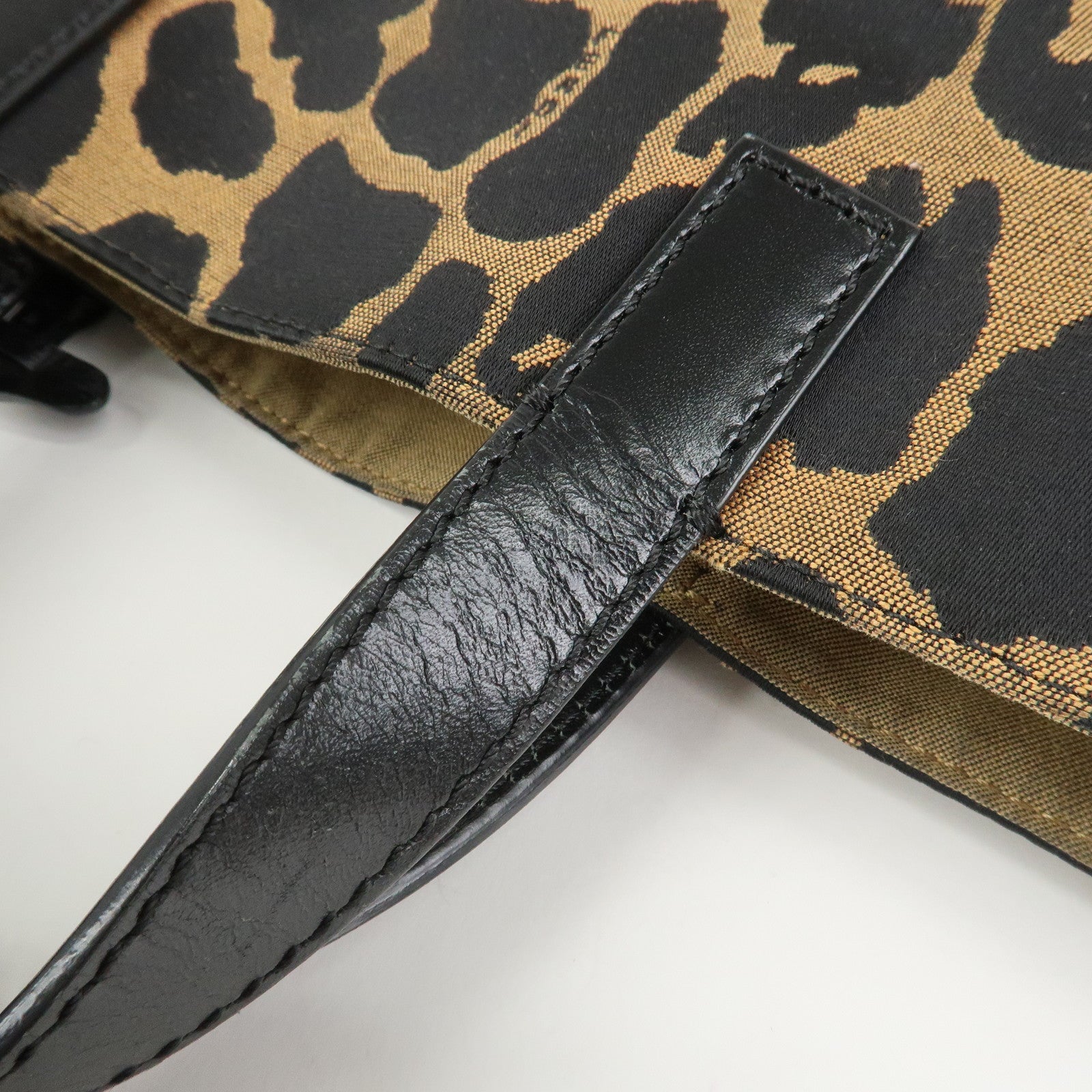FENDI Leopard Canvas Leather Tote Bag Hand Bag Brown Black 8BH173