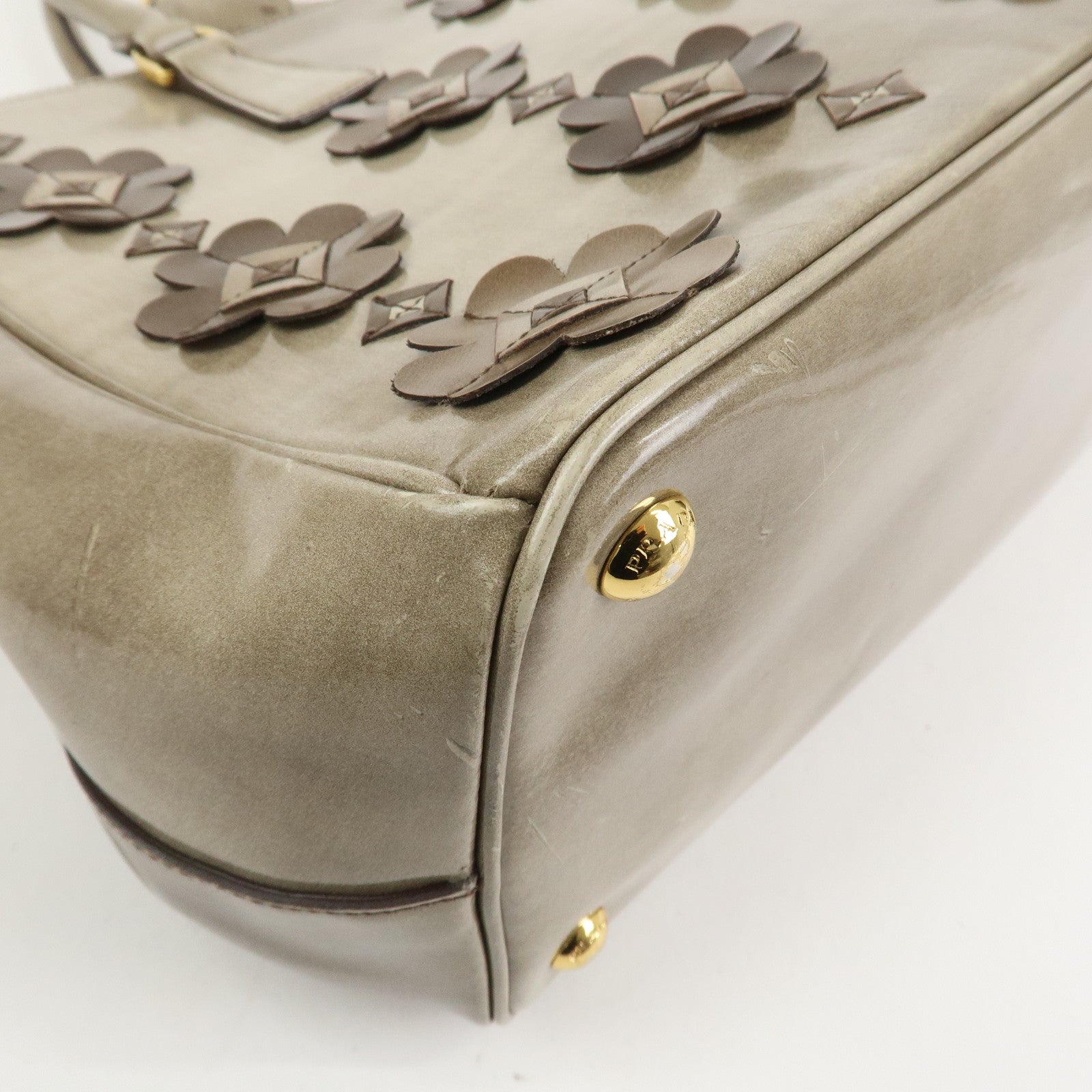 PRADA Patent Leather Flower Galleria 2Way Tote Bag Greige BB2274F