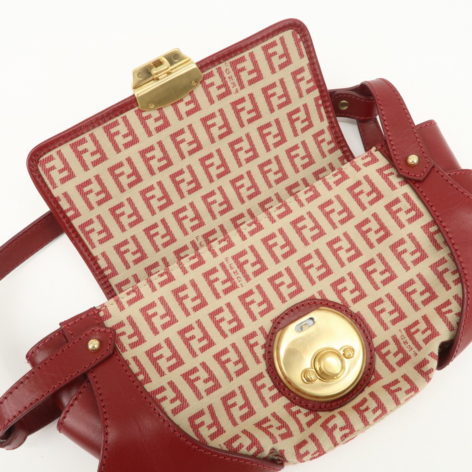 FENDI Zucchino Canvas Leather Turn Lock Shoulder Bag Red 8BR429