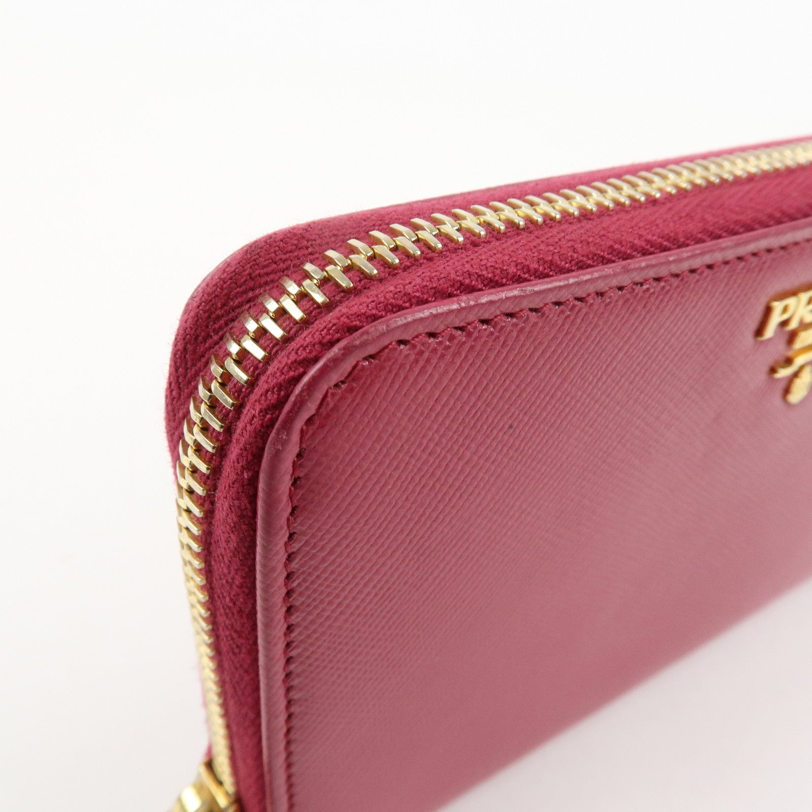 PRADA Logo Leather Round Zippy Wallet Pink Gold Hardware Used