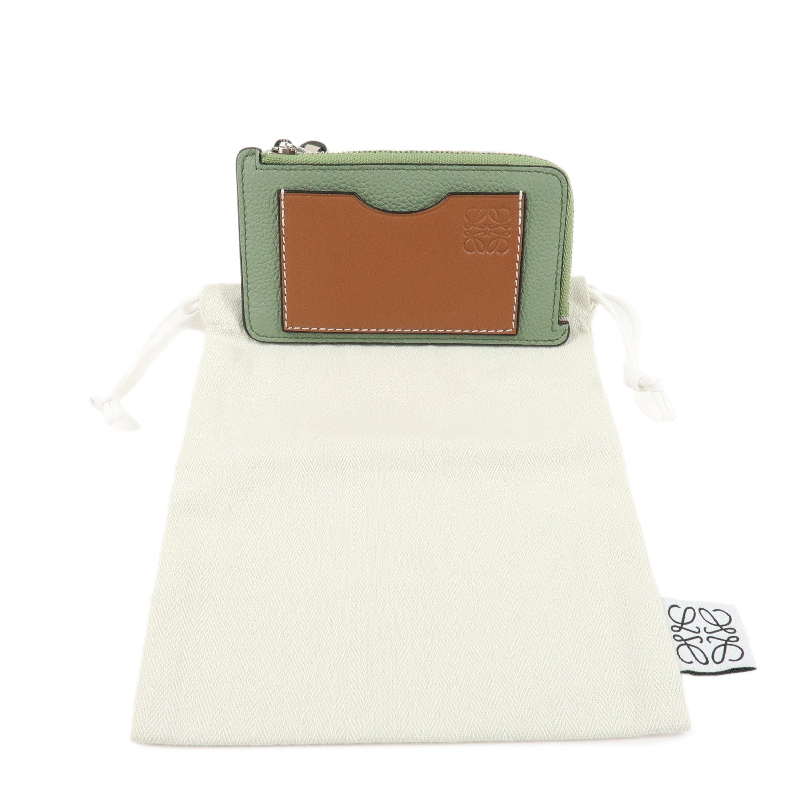 LOEWE Fragment Soft Grained Calf Coin Case Card Case Light Green Brown Used