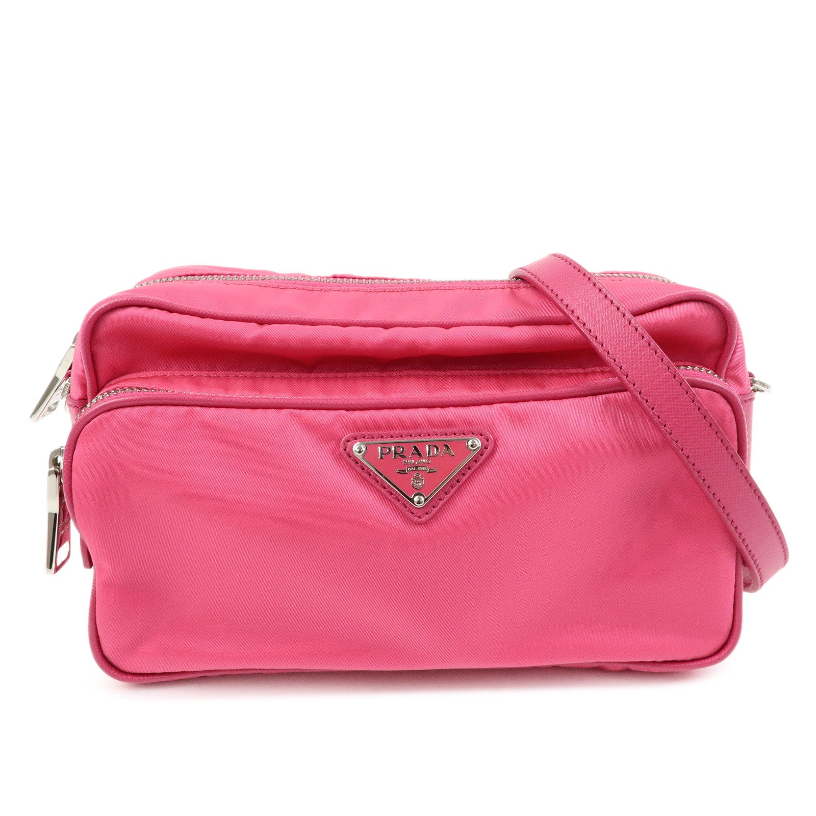 PRADA Triangle Logo Nylon Saffiano Leather Shoulder Bag Pink BT1010