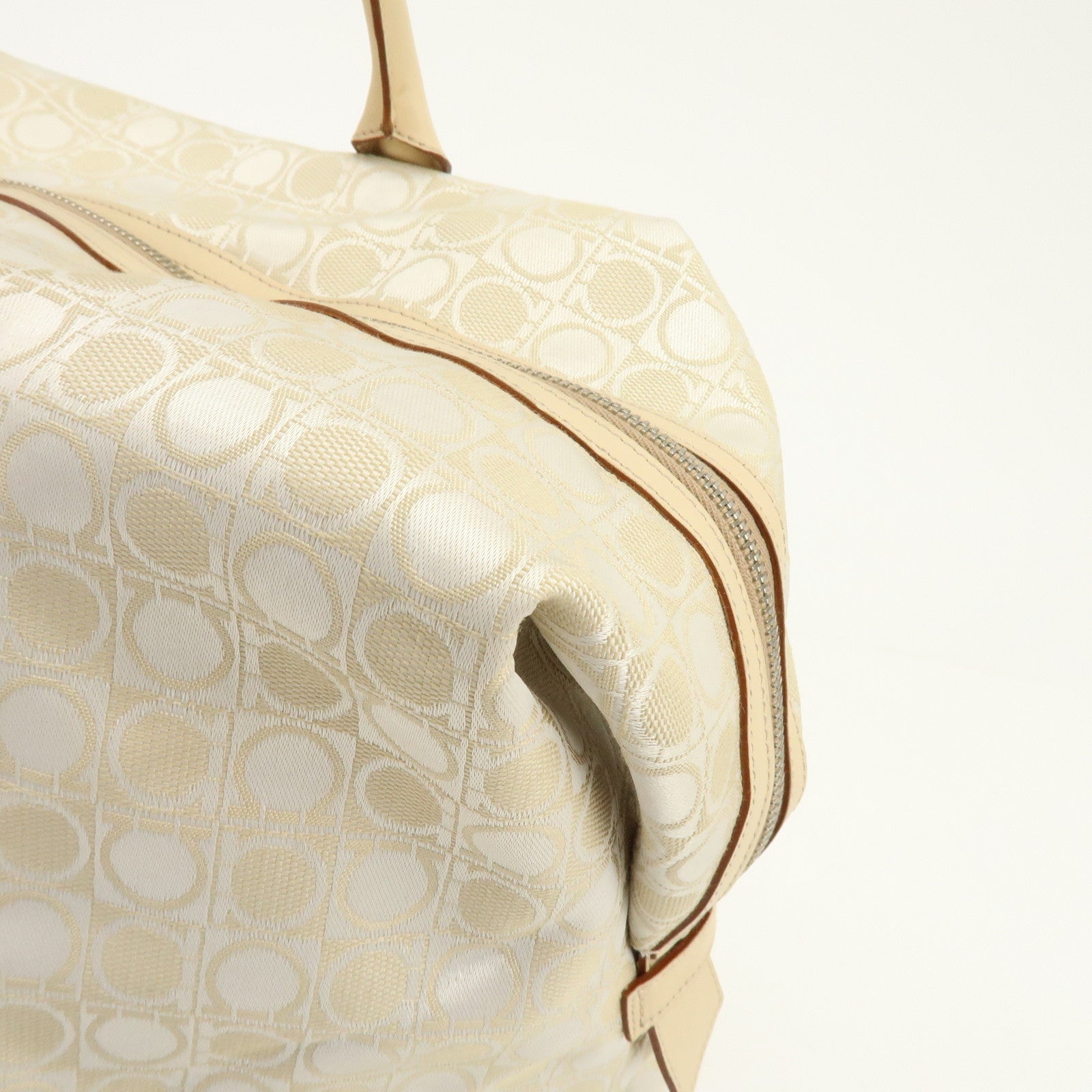 Ferragamo Gancini Canvas Leather Tote Bag Shoulder Bag Light Beige
