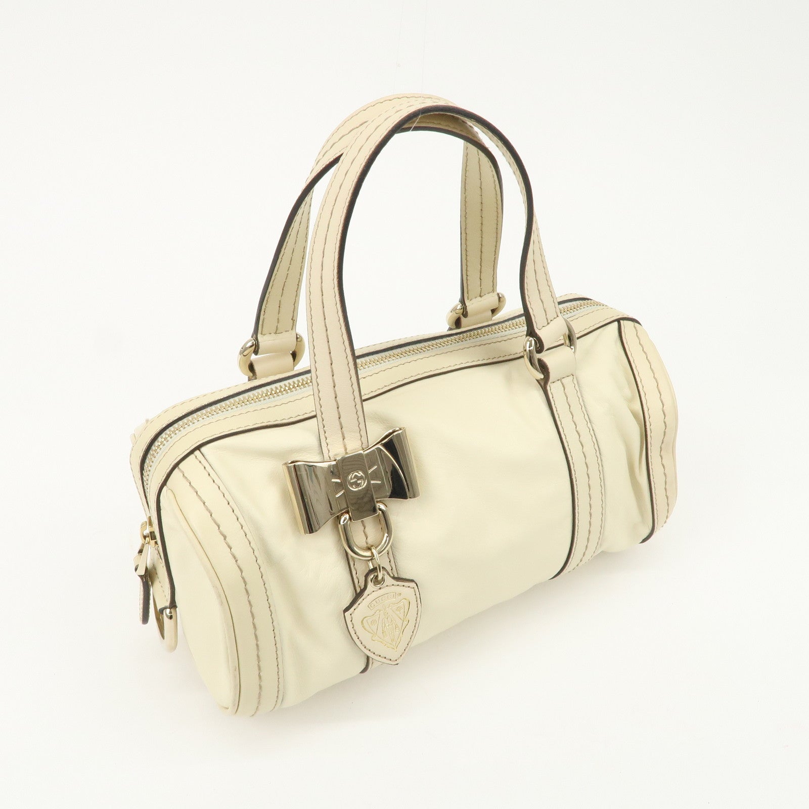 GUCCI Leather GG Crystal Hysteria Boston Bag Hand Bag Ecru 181485