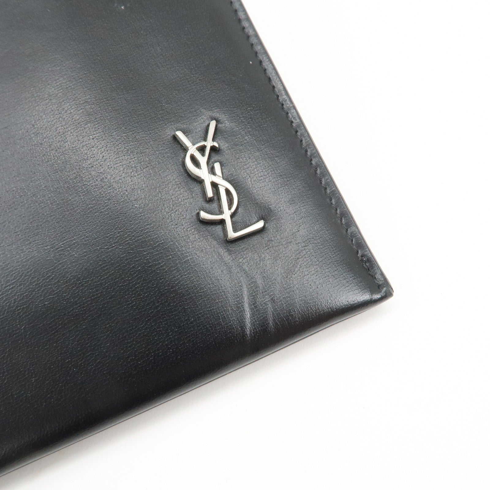 SAINT LAURENT Logo Leather Clutch Bag Black Silver HDW 607779