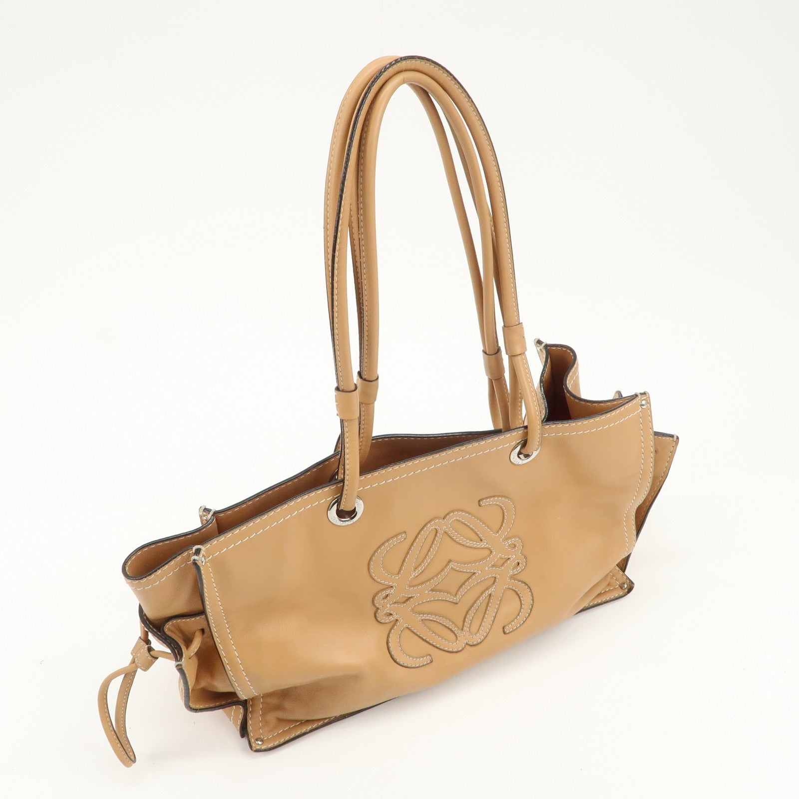 LOEWE Anagram Logo Leather Shopper Tote Bag Shouder Bag Light Brown