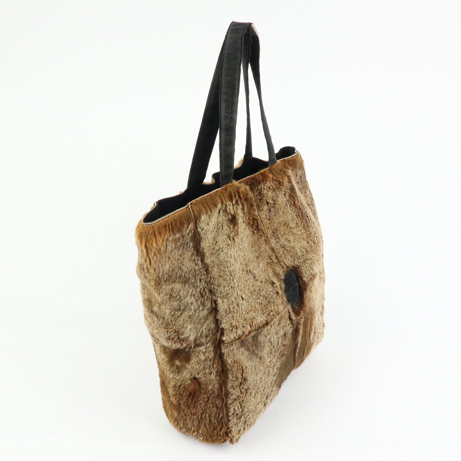 CHANEL COCO Mark Logo Fur Suede Tote Bag Hand Bag Brown