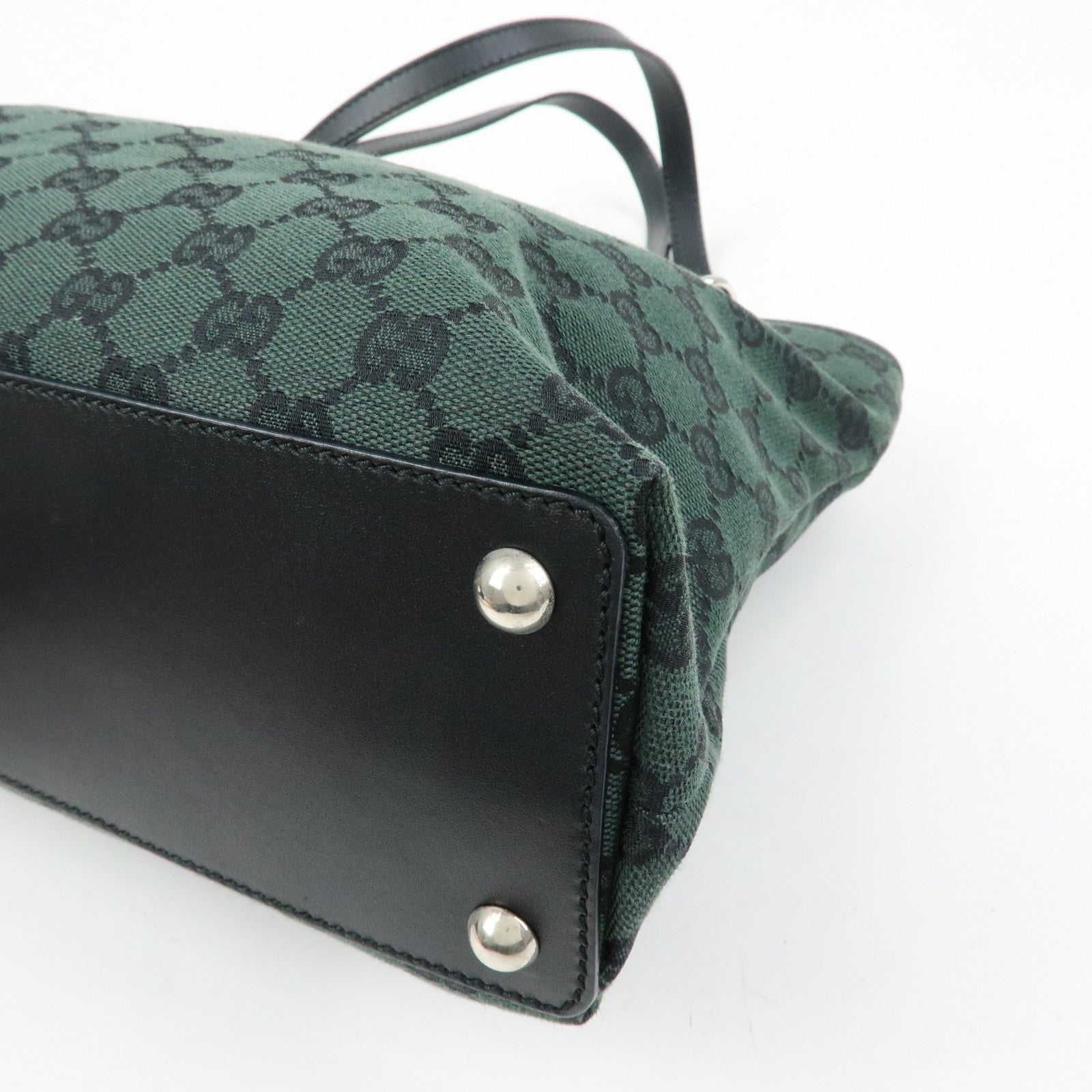 GUCCI GG Canvas Leather Tote Bag Hand Bag Green Black 285583