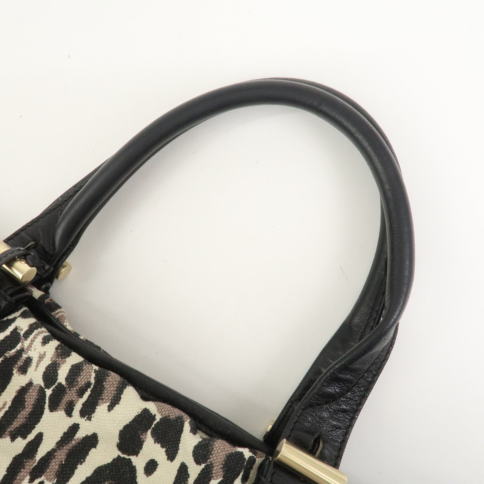 JIMMY CHOO Leopard Canvas Leather Tote Bag Shoulder Bag Ivory Black