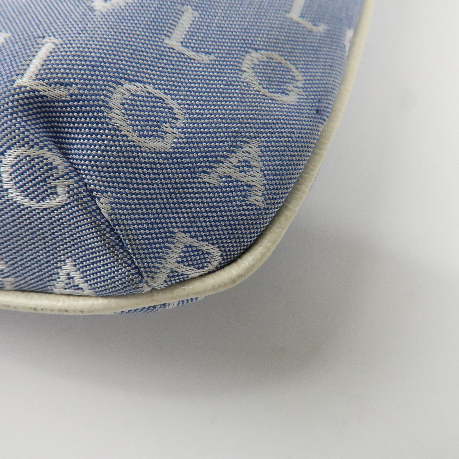 BVLGARI Logo Mania Leather Canvas Shoulder Bag Ivory Light Blue Used