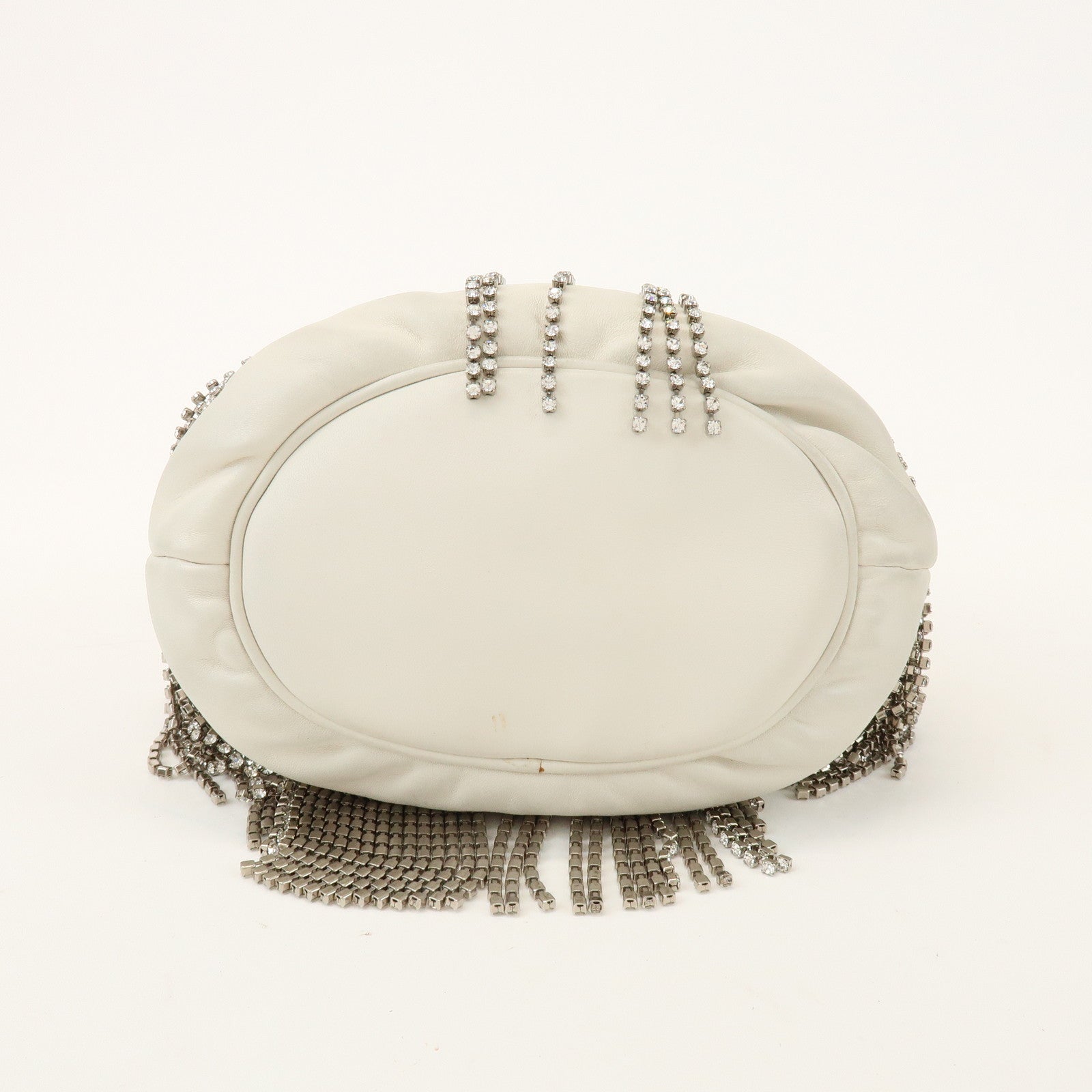 MIU MIU Logo Nappa Leather Strass Fringe 2Way Bag White 5BE014