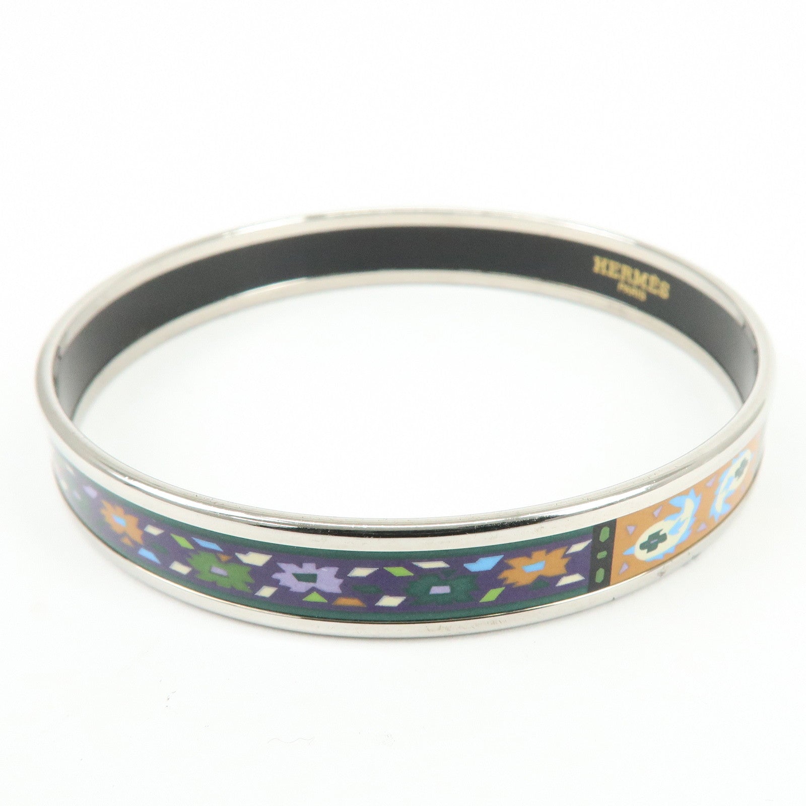 HERMES Email PM Silver Plated Bracelet Bangle Green Multicolor