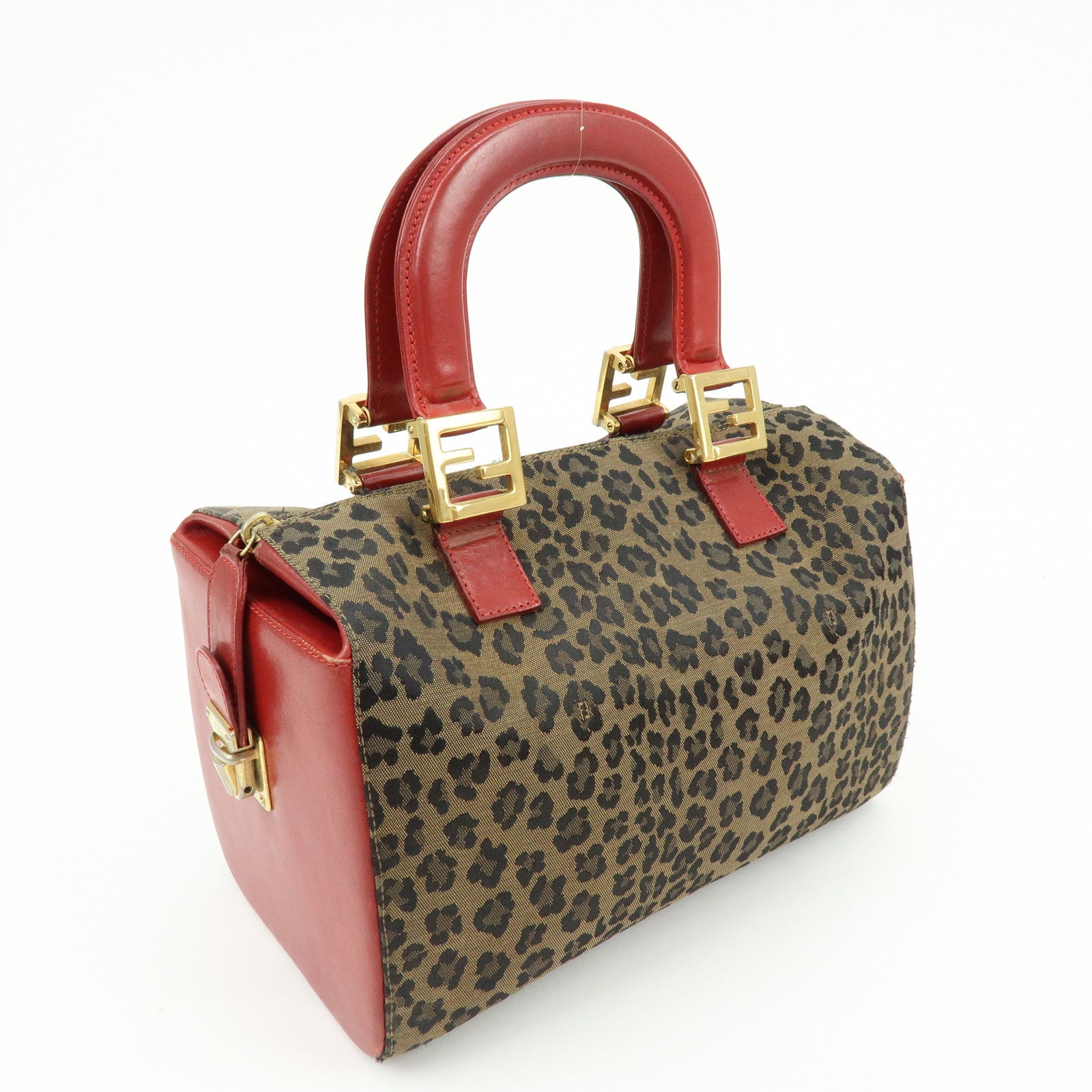 FENDI Canvas Leather Hand Bag Boston Bag Leopard Brown Red