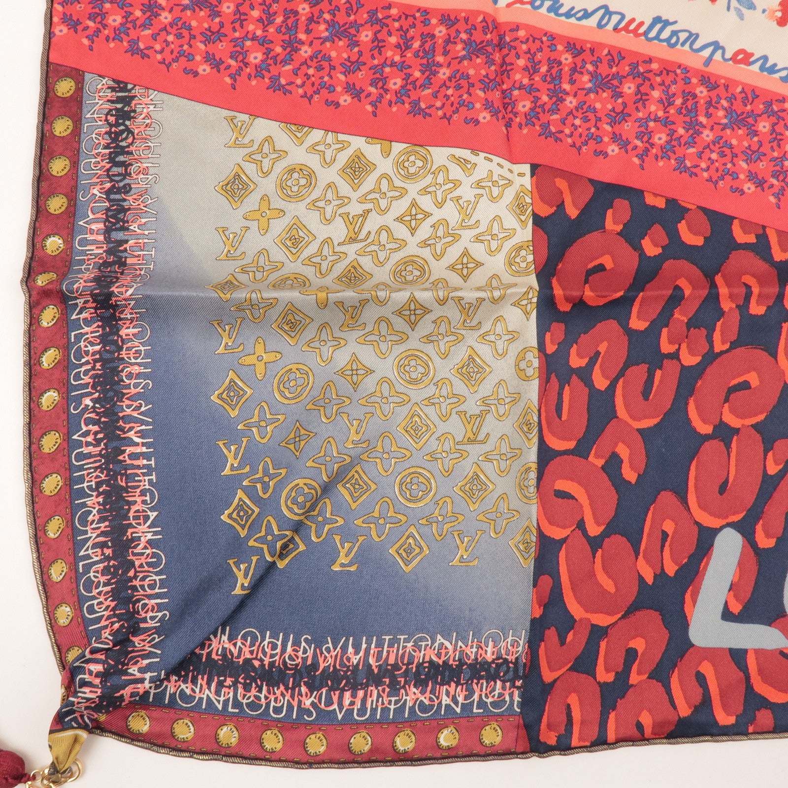 Louis Vuitton 100% Silk Scarf 65x65 Tassel Red Gold
