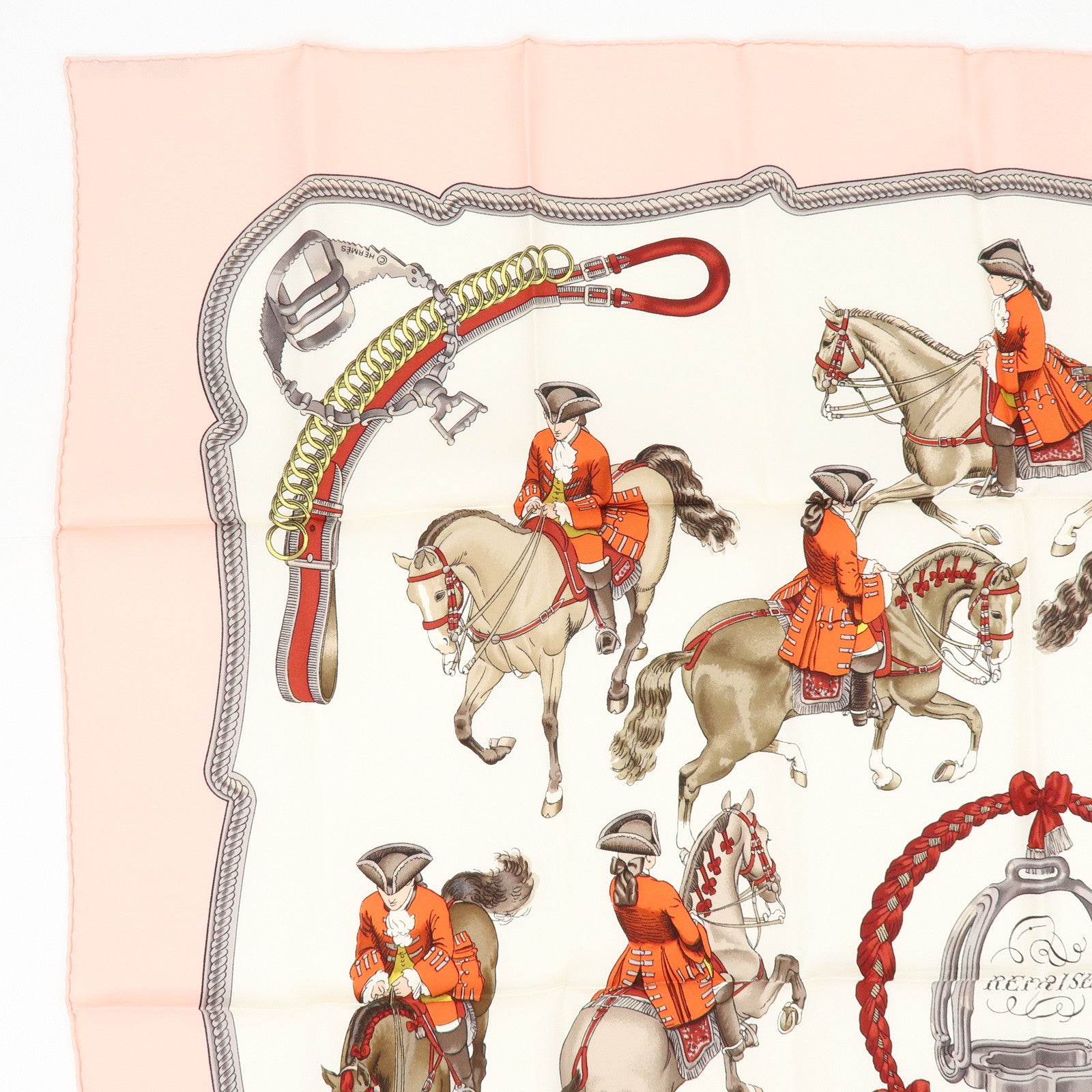 HERMES Carre 90 Silk 100% Scarf REPRISE Pink White