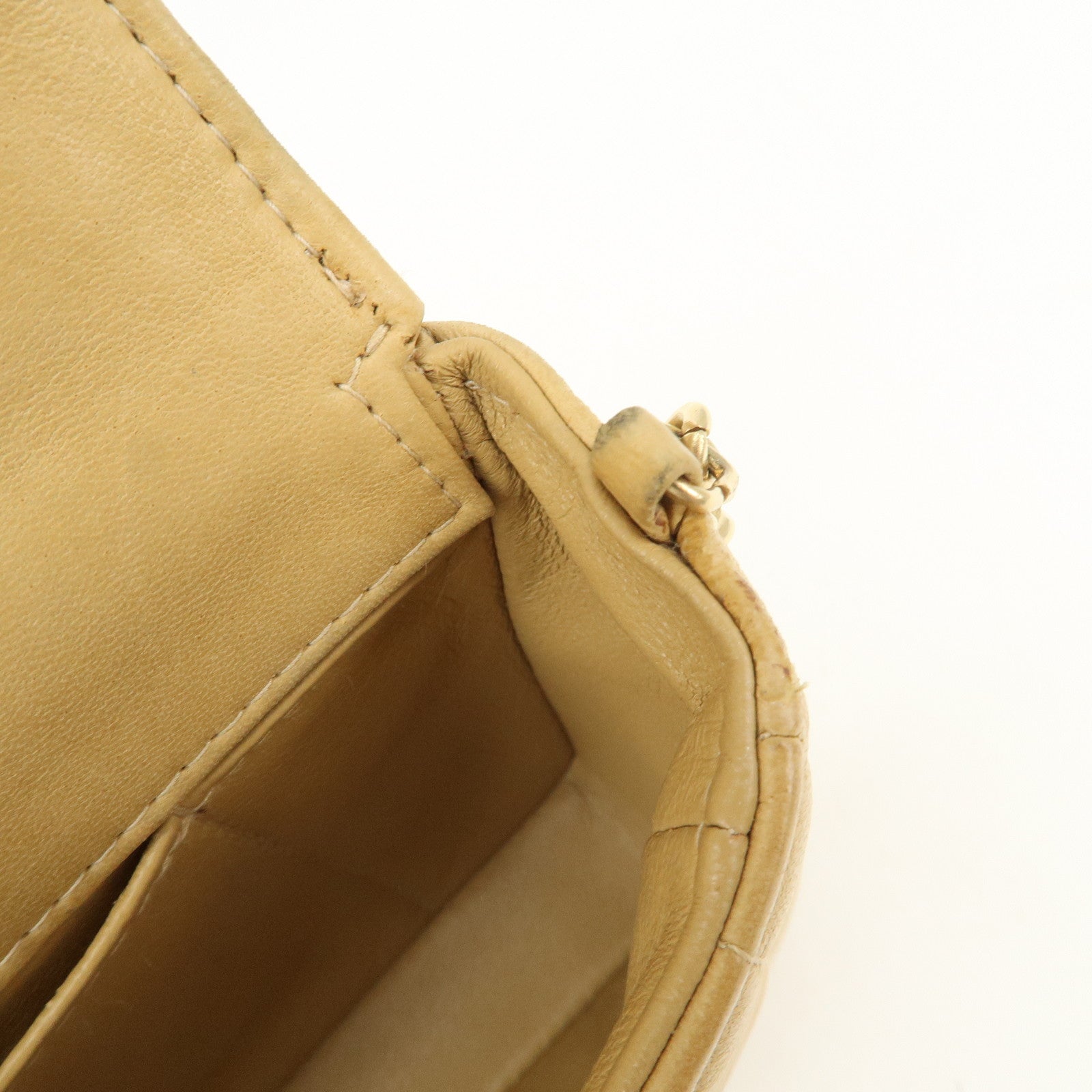 CHANEL Chocolate Bar Lamb Skin Chain Shoulder Bag Beige Gold Used