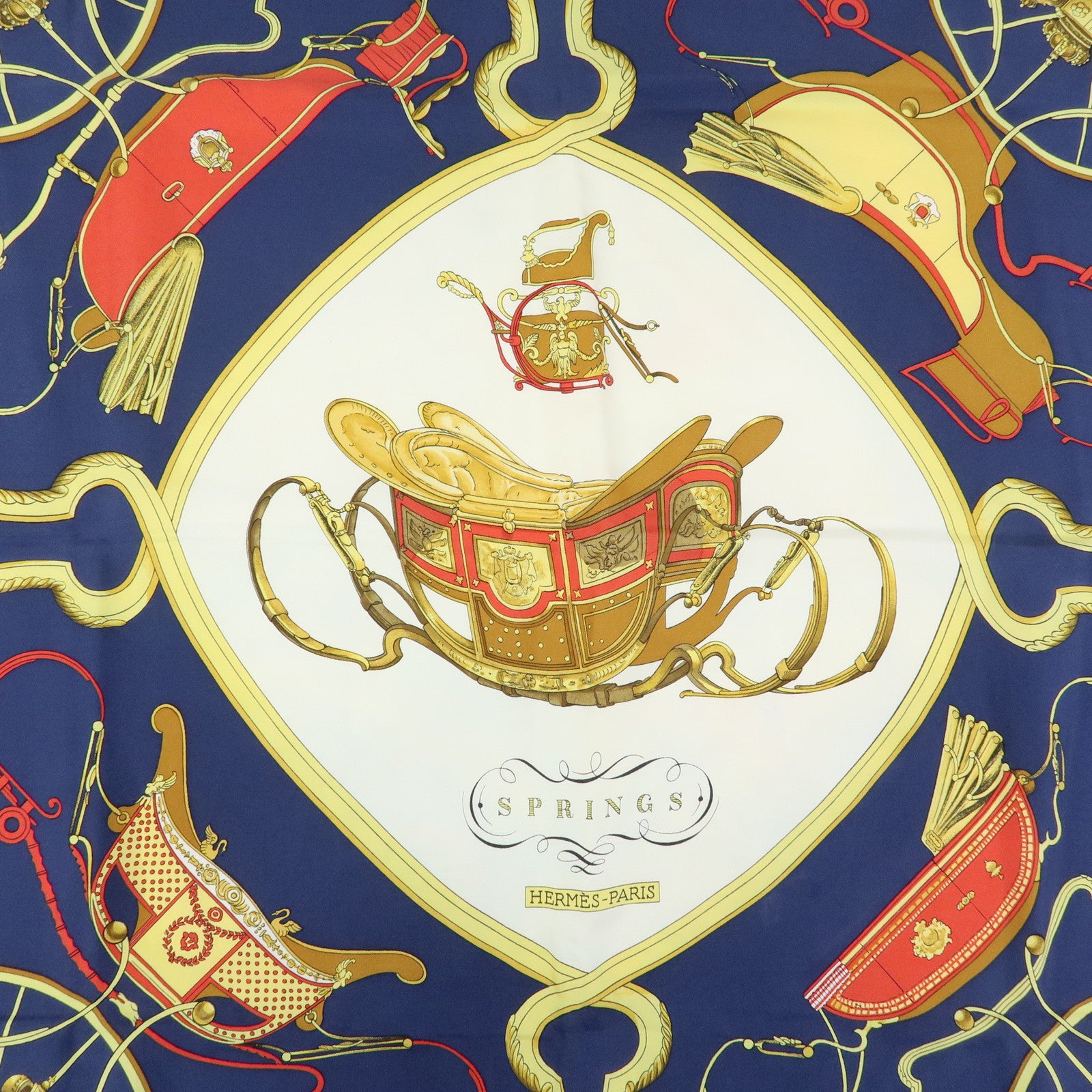 HERMES Carre 90 Silk 100% Scarf SPRINGS Navy White Yelllow Red
