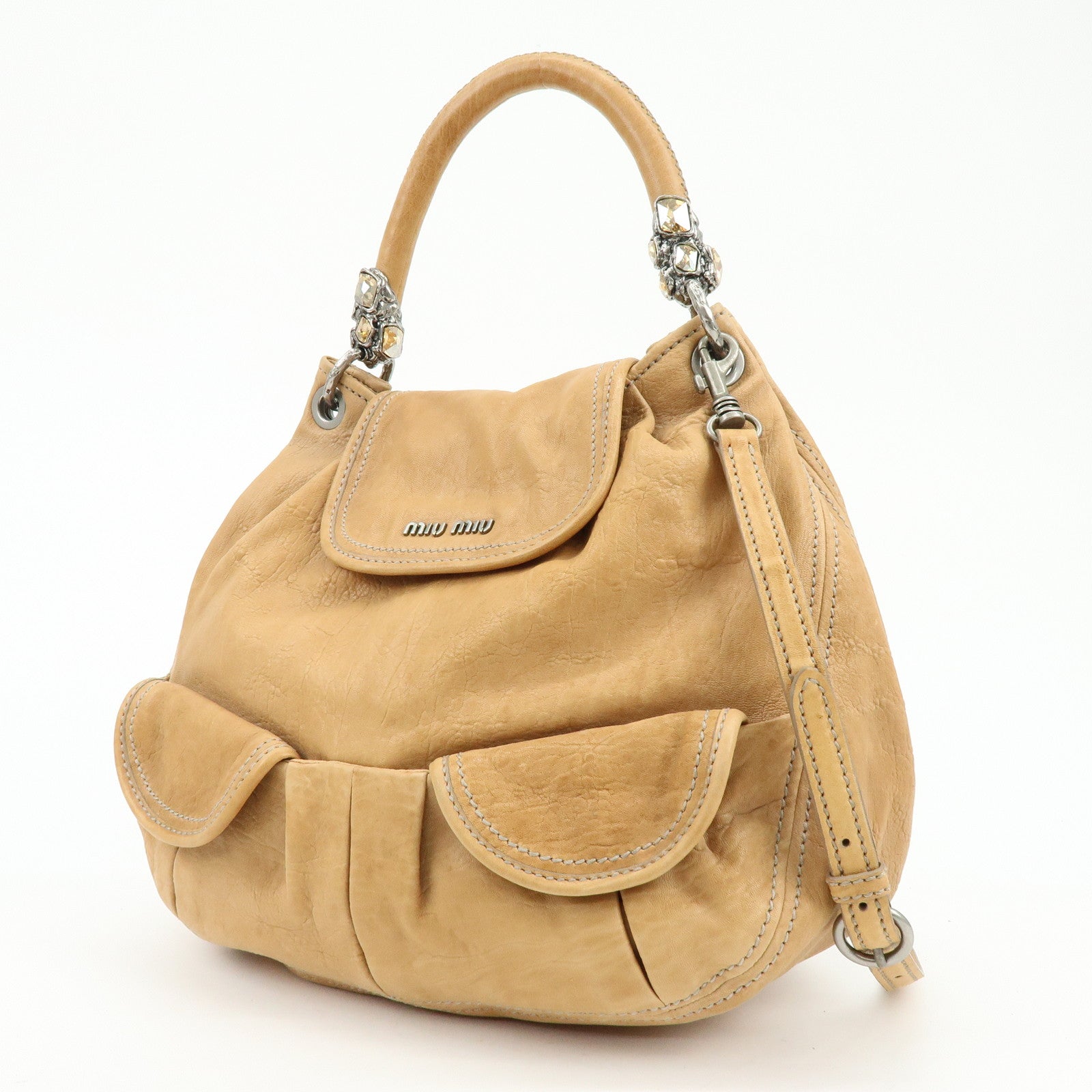 MIU MIU Leather 2Way Bag Hand Bag Shoulder Bag Brown Crystal