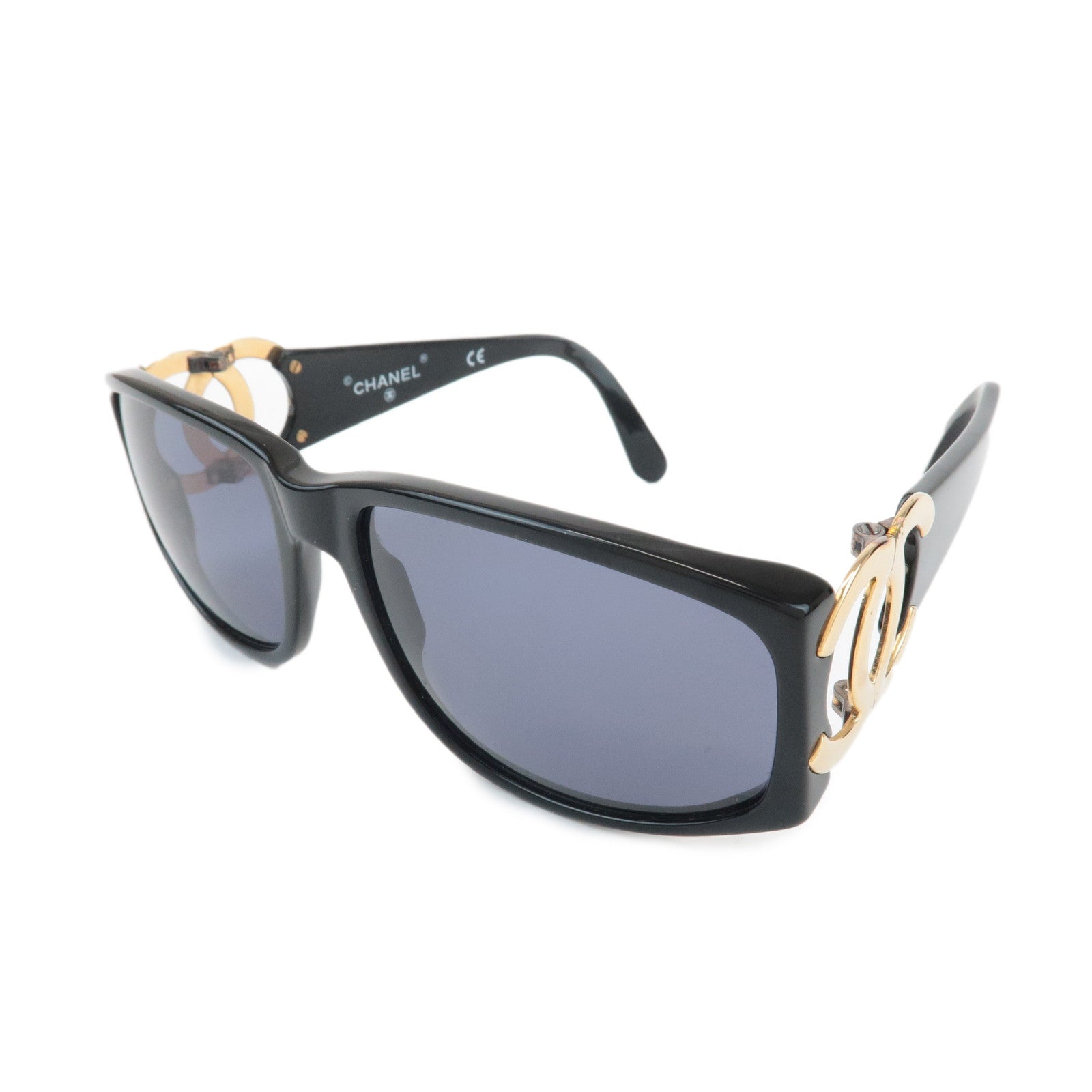CHANEL COCO Mark Plastic Sunglasses Black Gold 02461 94305 Used