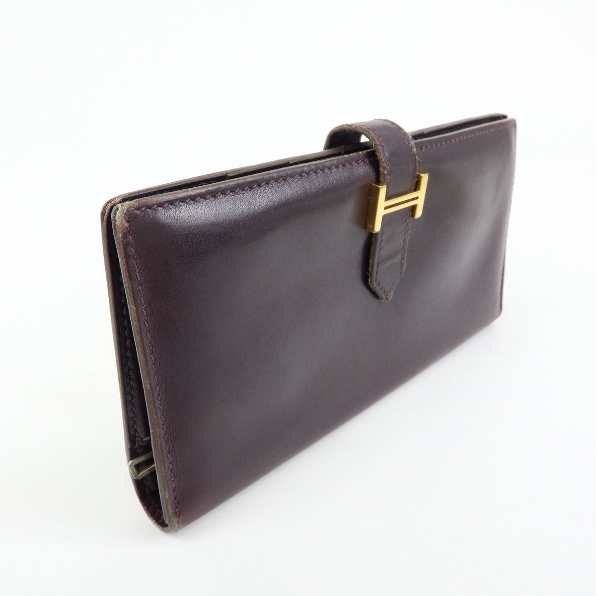 HERMES Bearn Box Calf Leather Bi-fold Long Wallet Purple