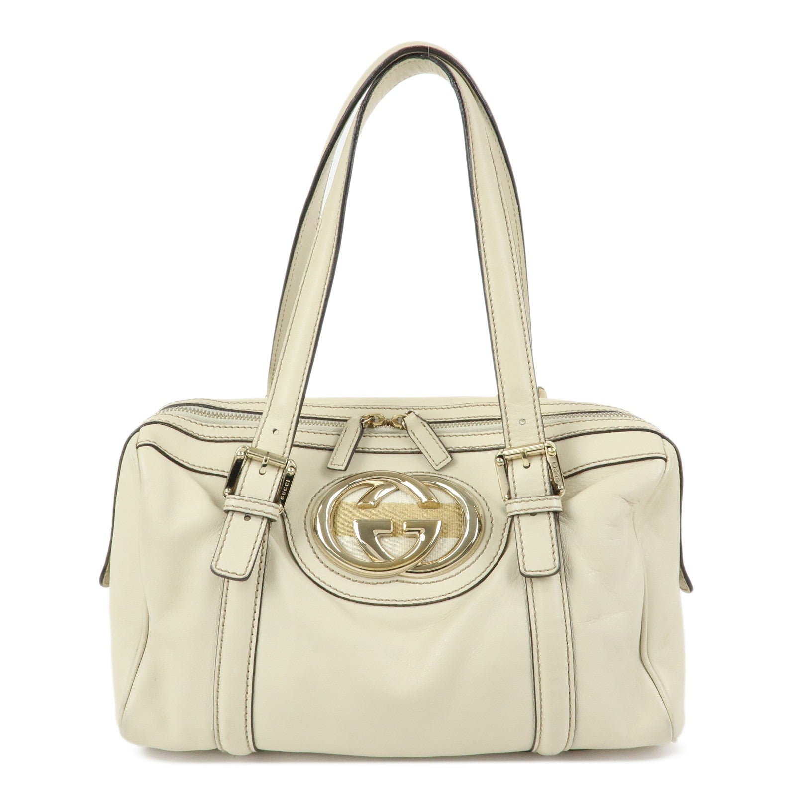 GUCCI Interlocking G Sherry Leather Boston Hand Bag Ivory 170009