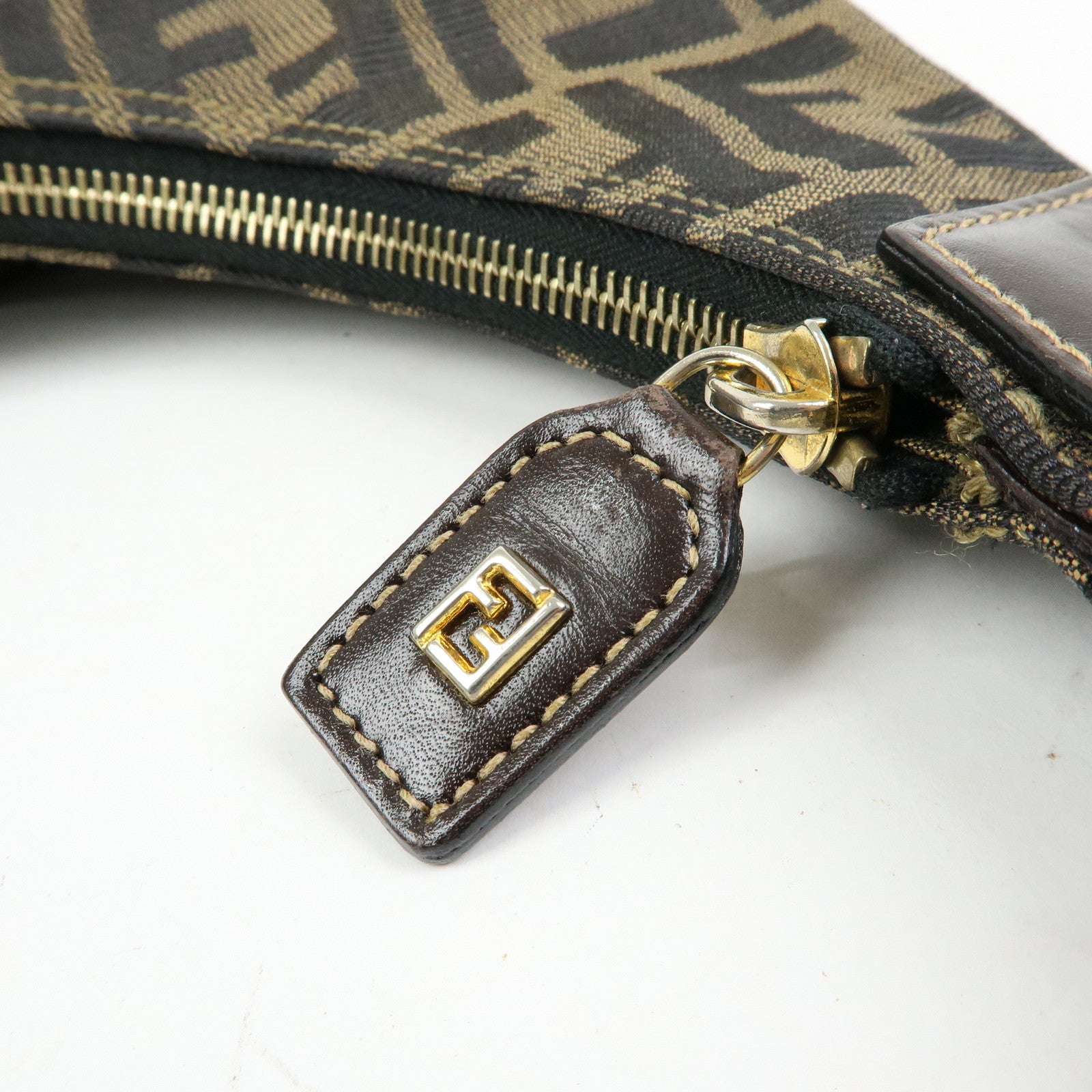 FENDI Zucca Canvas Leather Shoulder Bag Hand Bag Brown