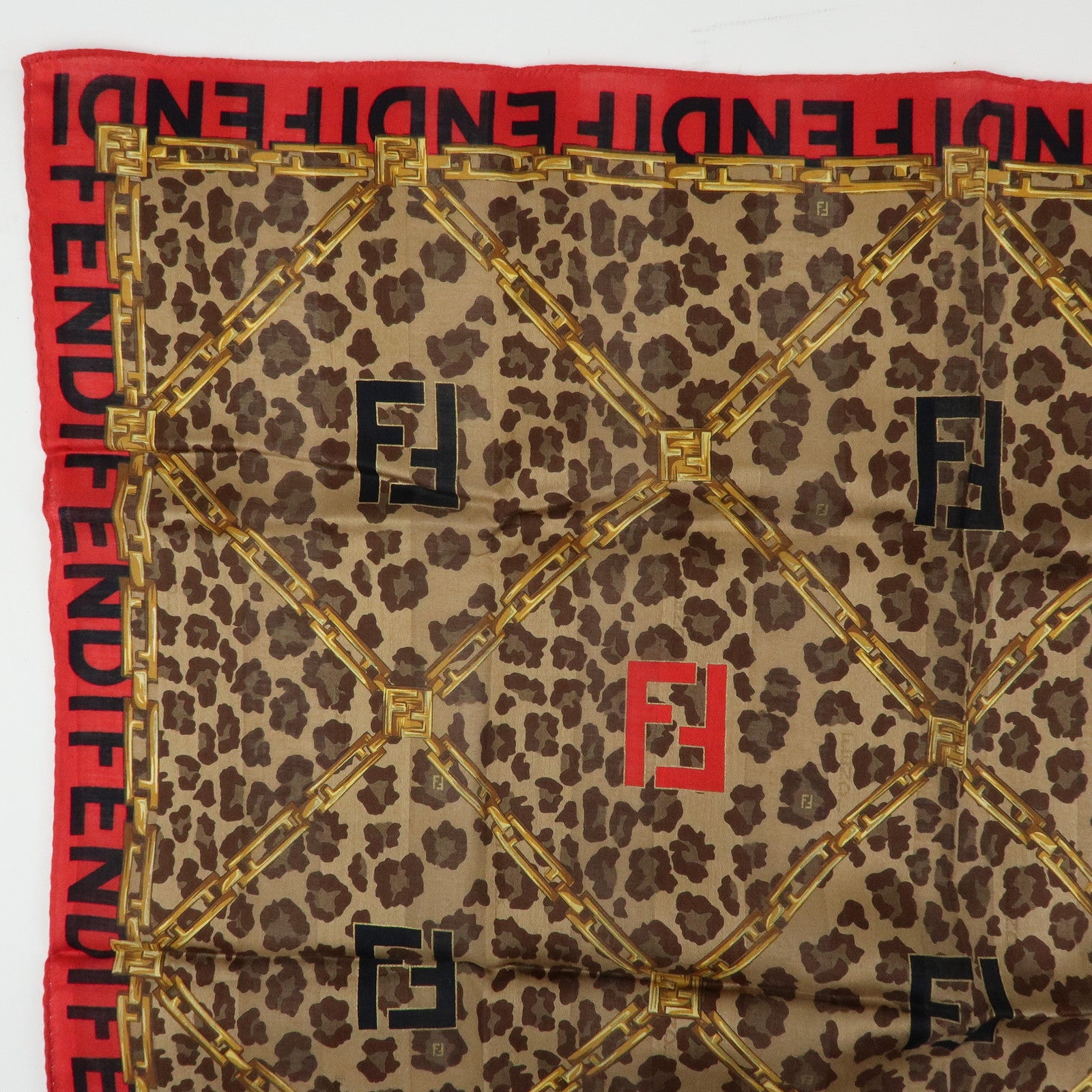 FENDI Cotton Scarf 57x57 Leopard Chain Motif Brown Red