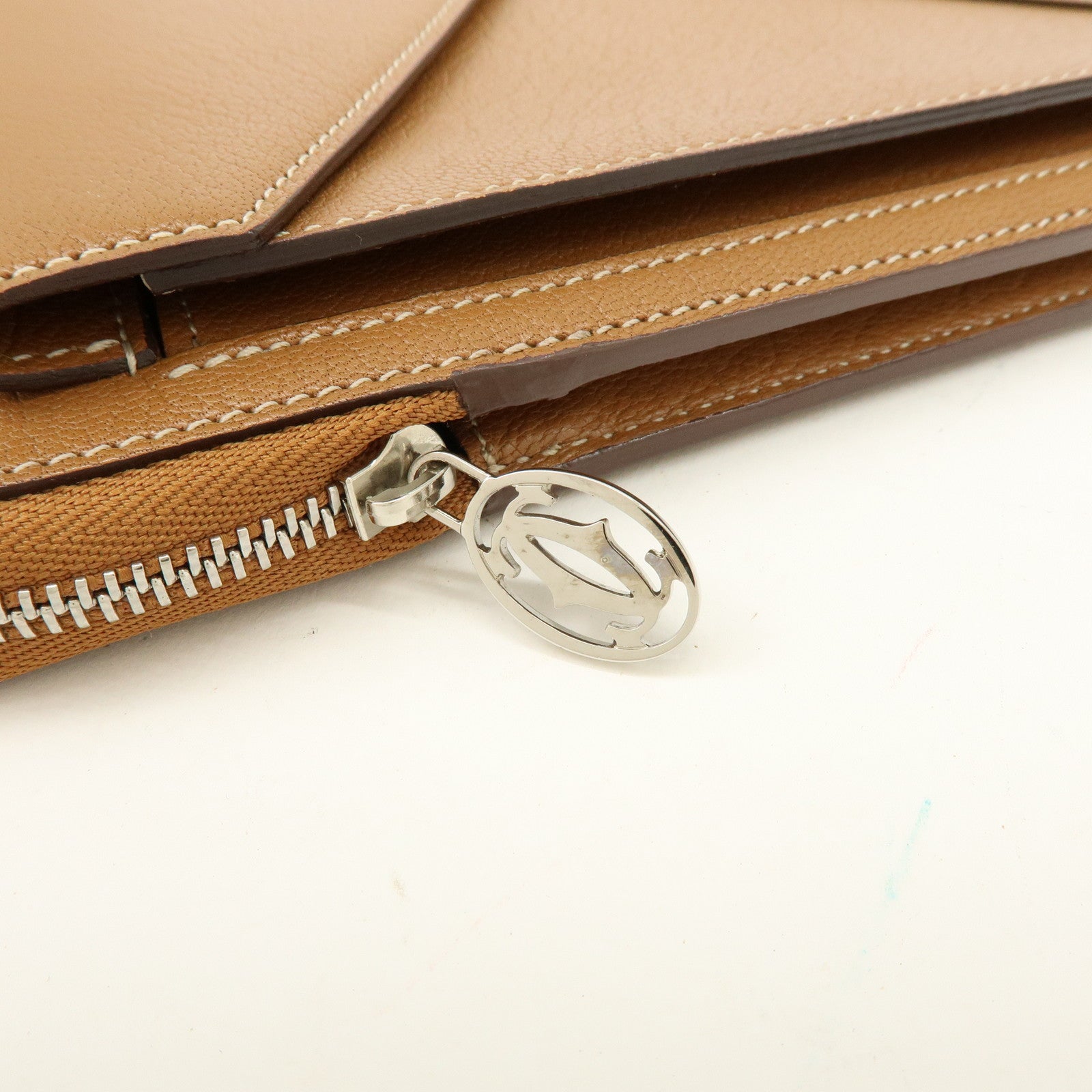 Cartier Leather Envelope Clutch Bag Pouch Brown