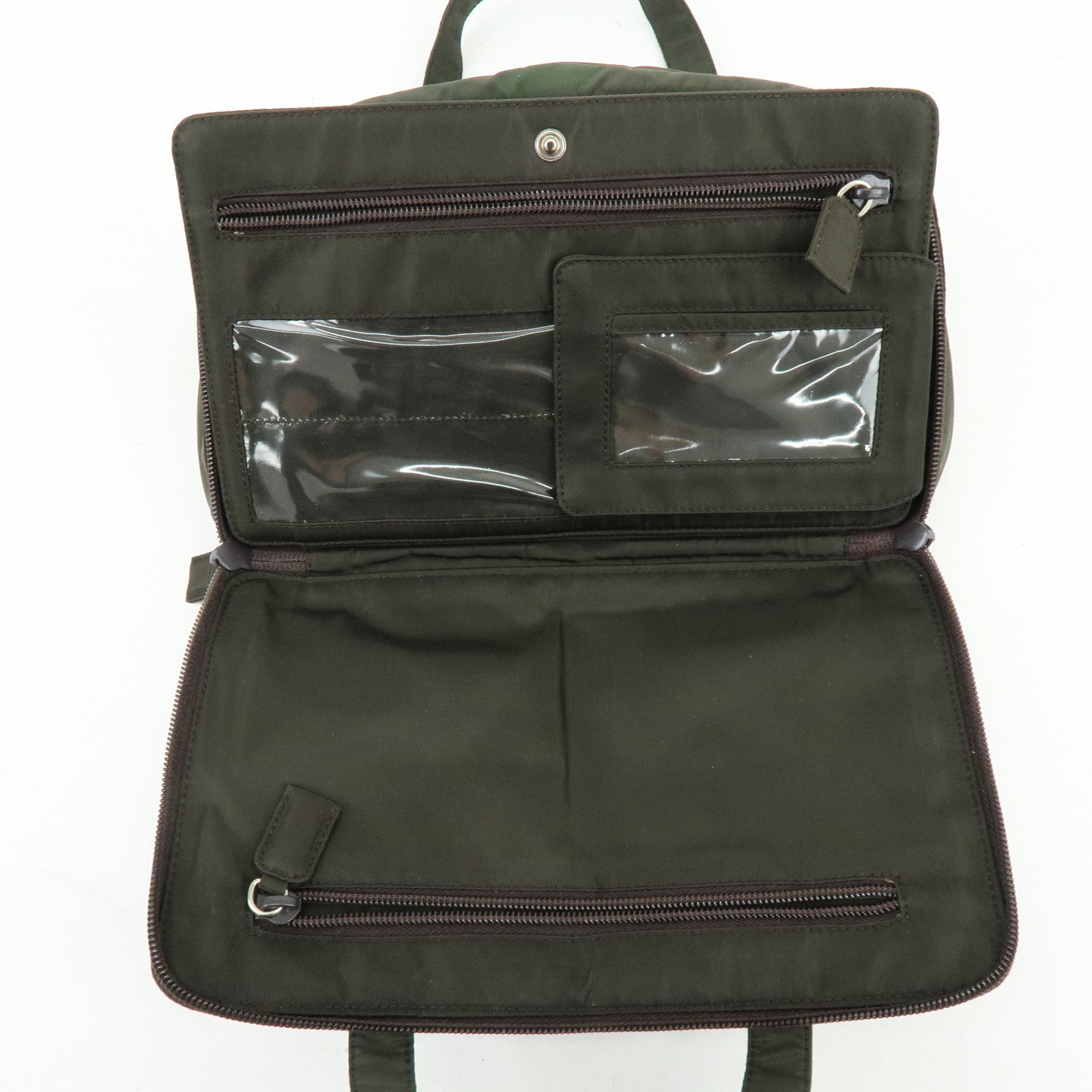 PRADA Triangle Logo Nylon Leather Hand Bag Cosmetic Case Khaki