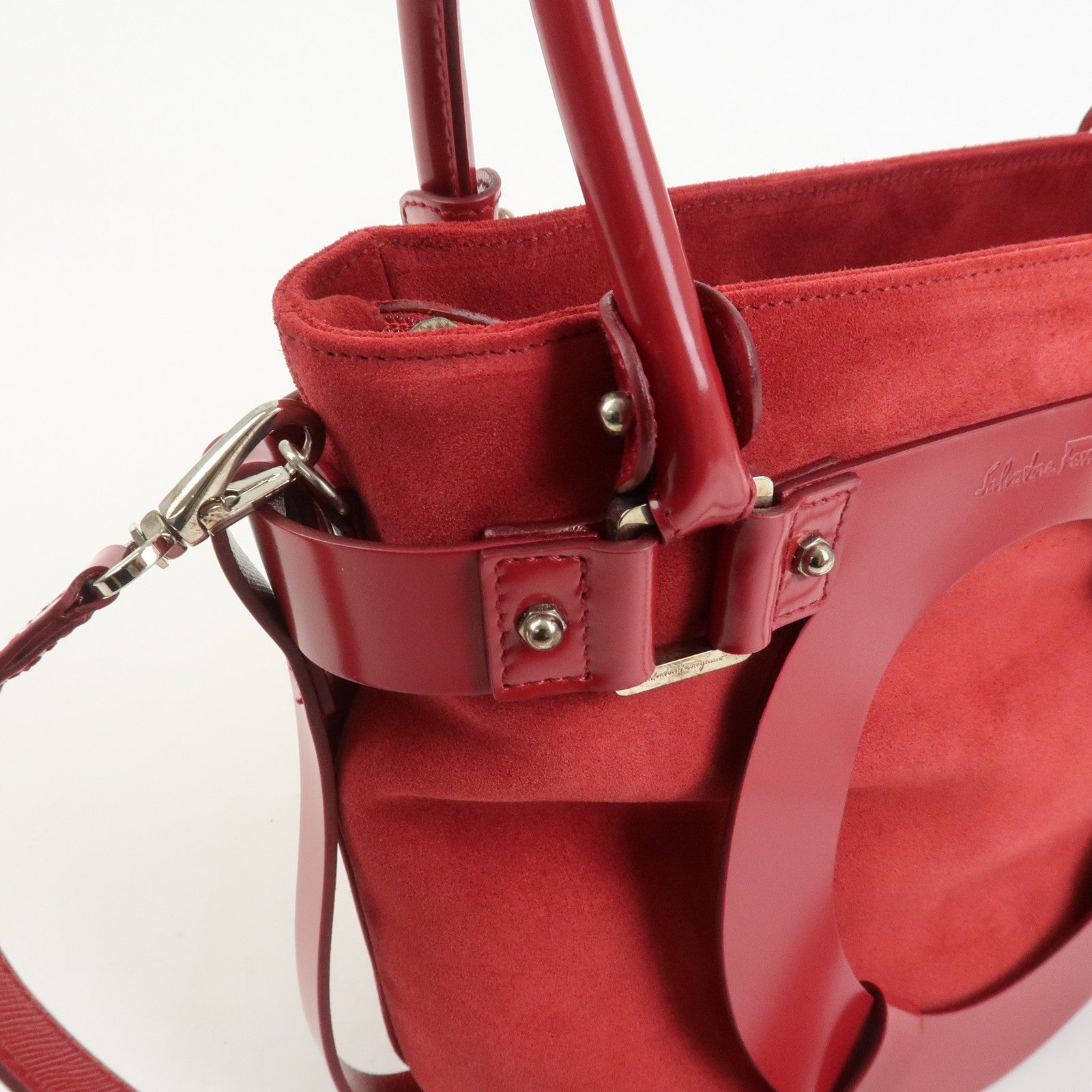 Ferragamo Gancini Suede Leather 2Way Bag Hand Bag Shoulder Bag Red