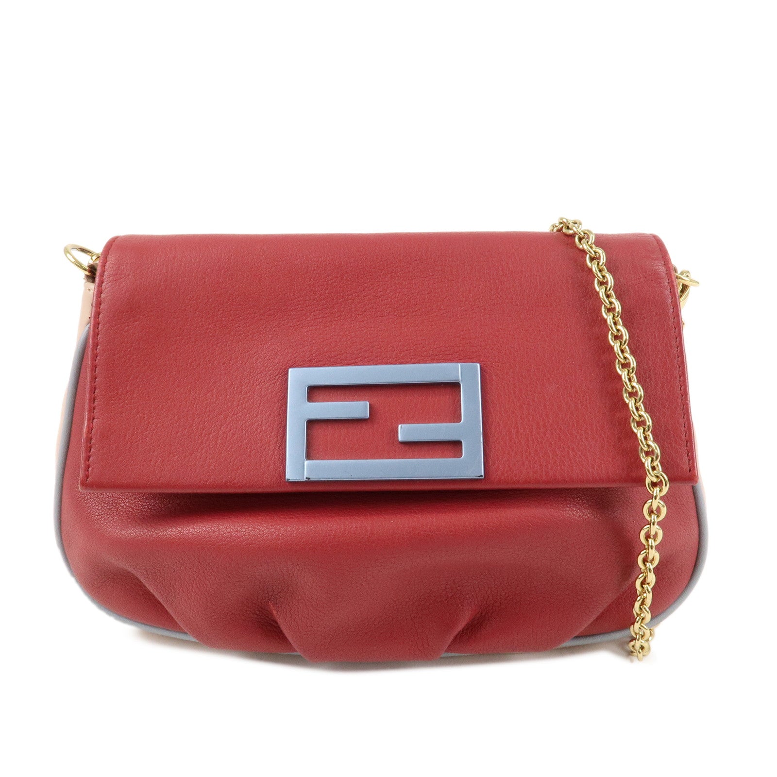 FENDI Leather Chain Shoulder Bag Purse Crossbody Bag Red 8M0276 Used