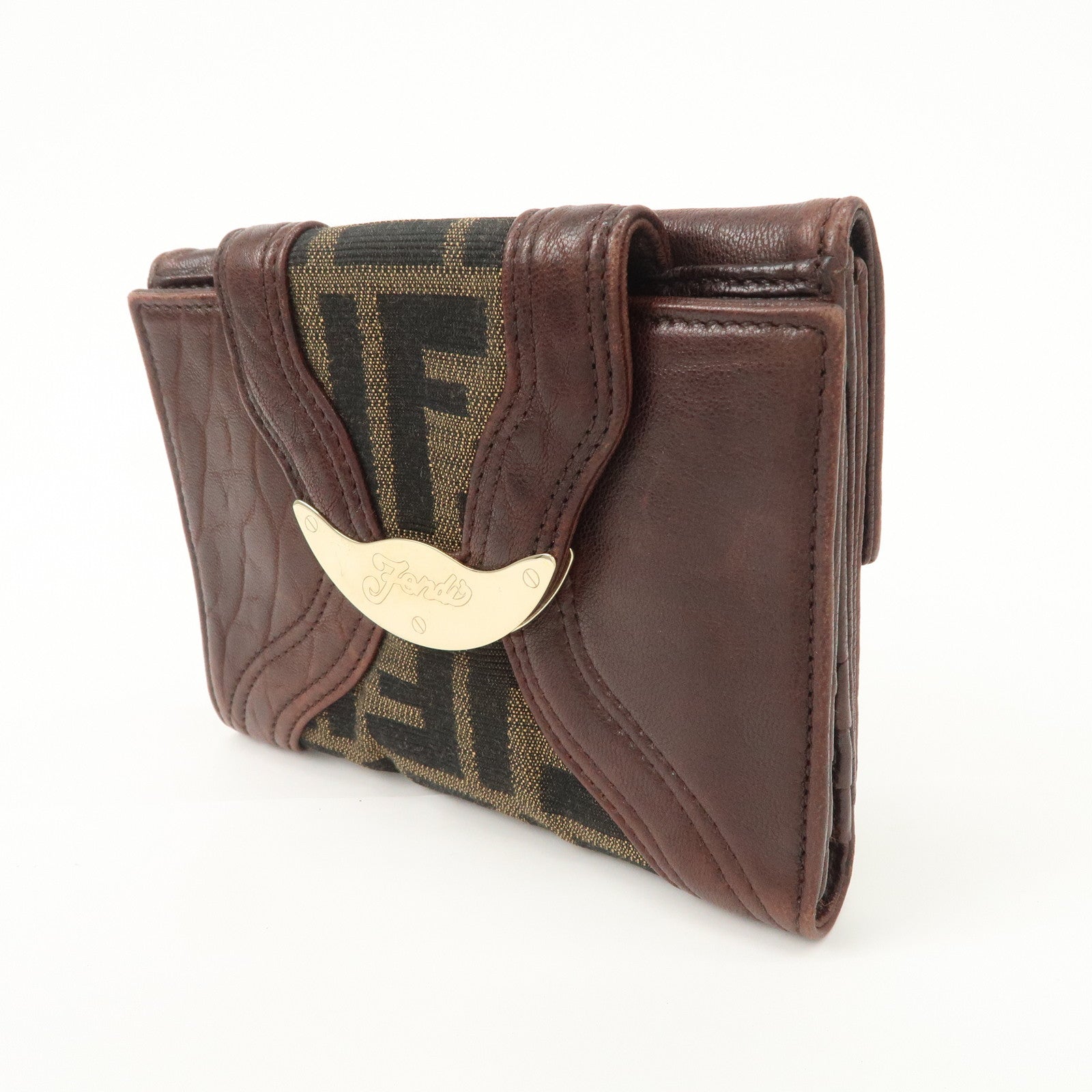 FENDI Zucca Leather Canvas W Hook Bi-fold Wallet Dark Brown 8M0160 Used