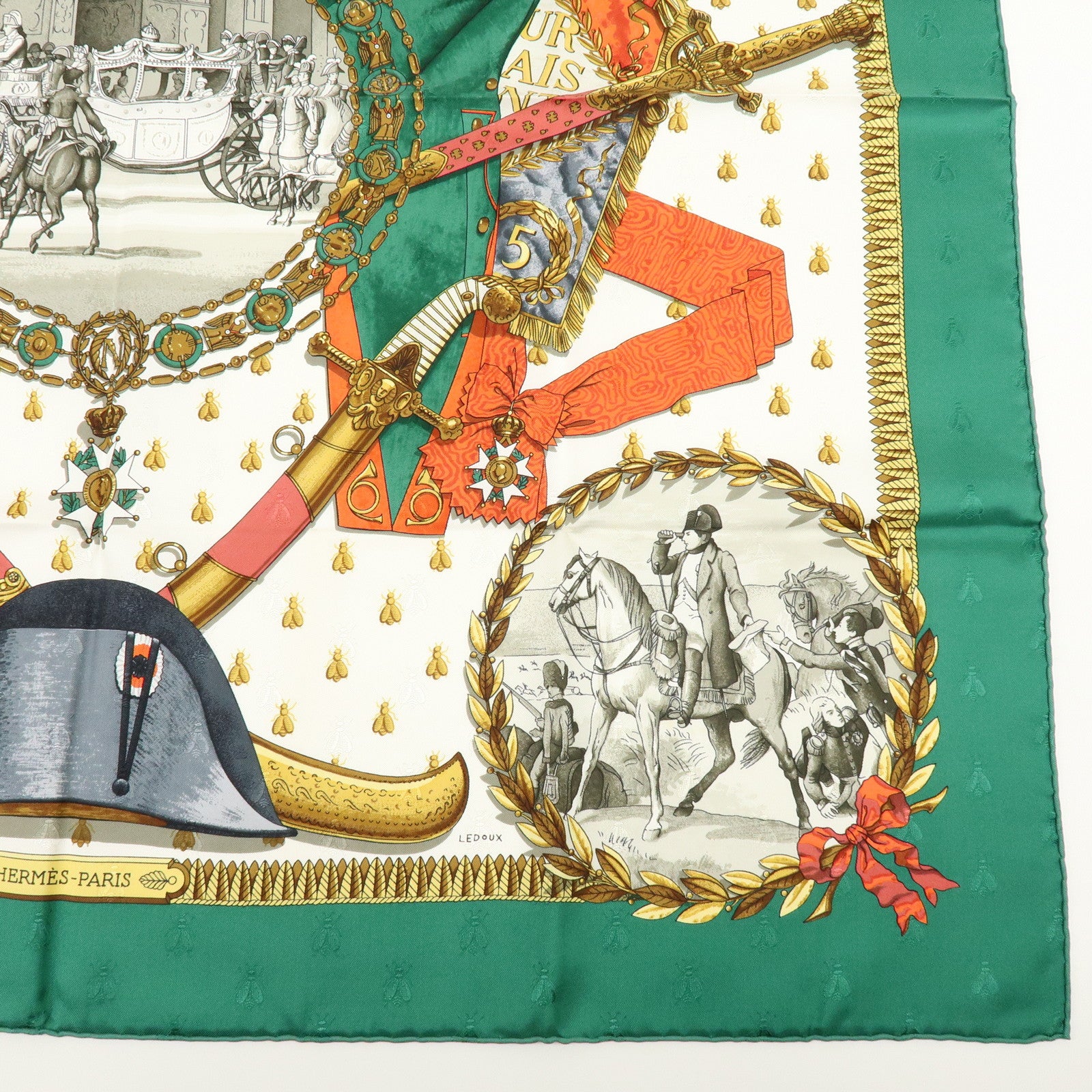 HERMES Carre 90 Silk 100% Scarf NAPOLEON Green White