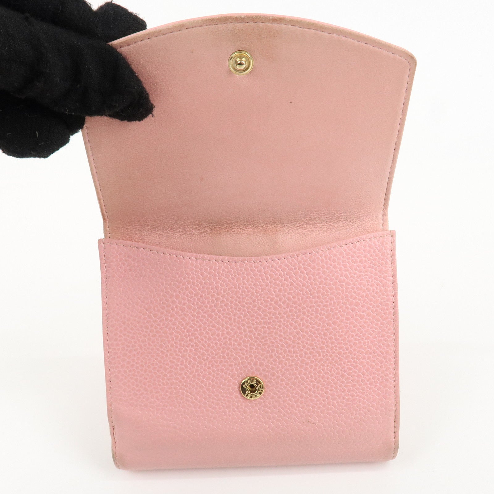CHANEL COCO Mark Caviarskin Double Hook Wallet Pink A13496 Used
