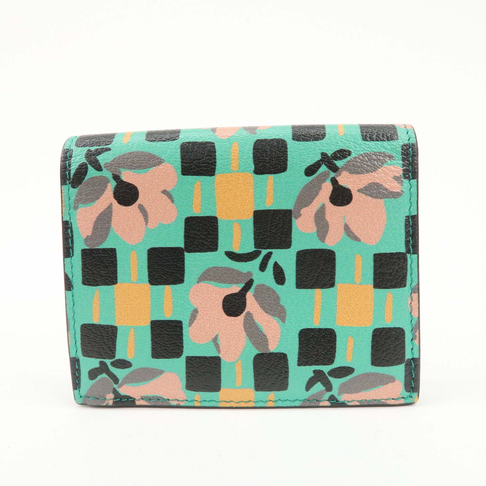 PRADA Leather Compact Wallet Floral Print Green Gold HDW 1MV204 Used