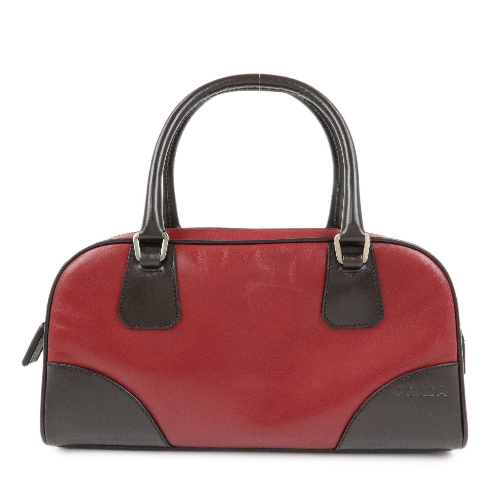PRADA Leather Bicolor Hand Bag Mini Boston Bag Red Brown