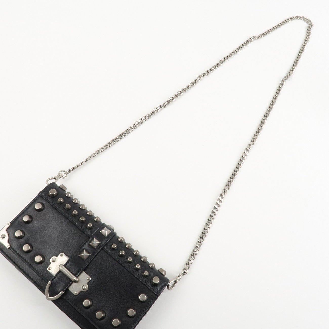PRADA Leather Studs Chain Wallet Chain Bag Black Used