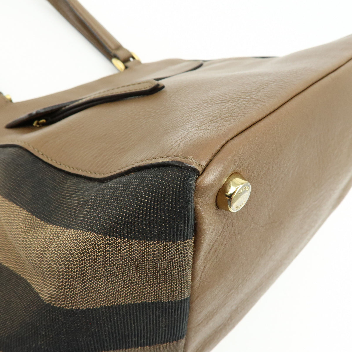FENDI Pequin Leather Canvas Suede Tote Bag Hand Bag Brown 8BN251
