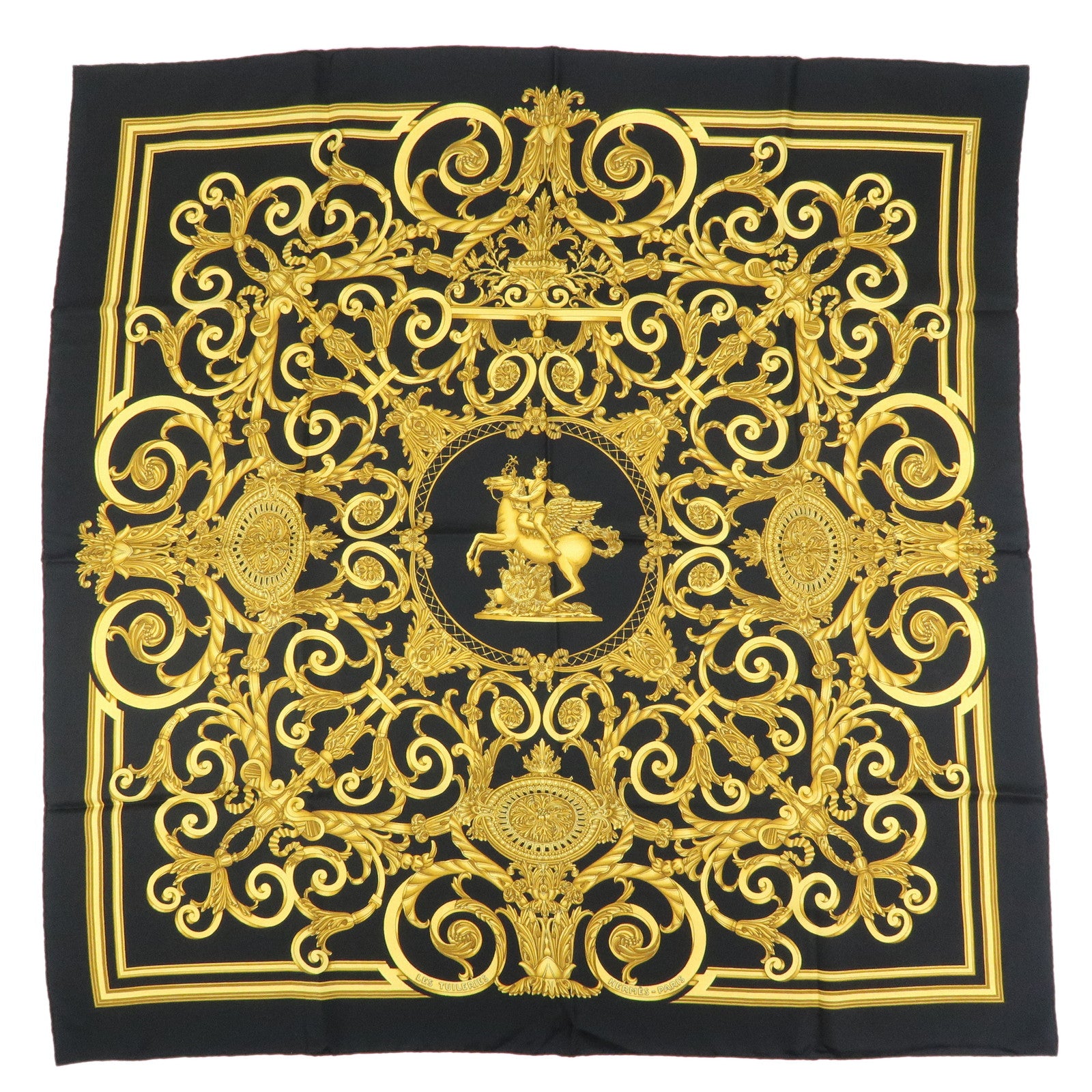 HERMES Carre 90 Silk 100% Scarf LES TUILERIES Black Gold